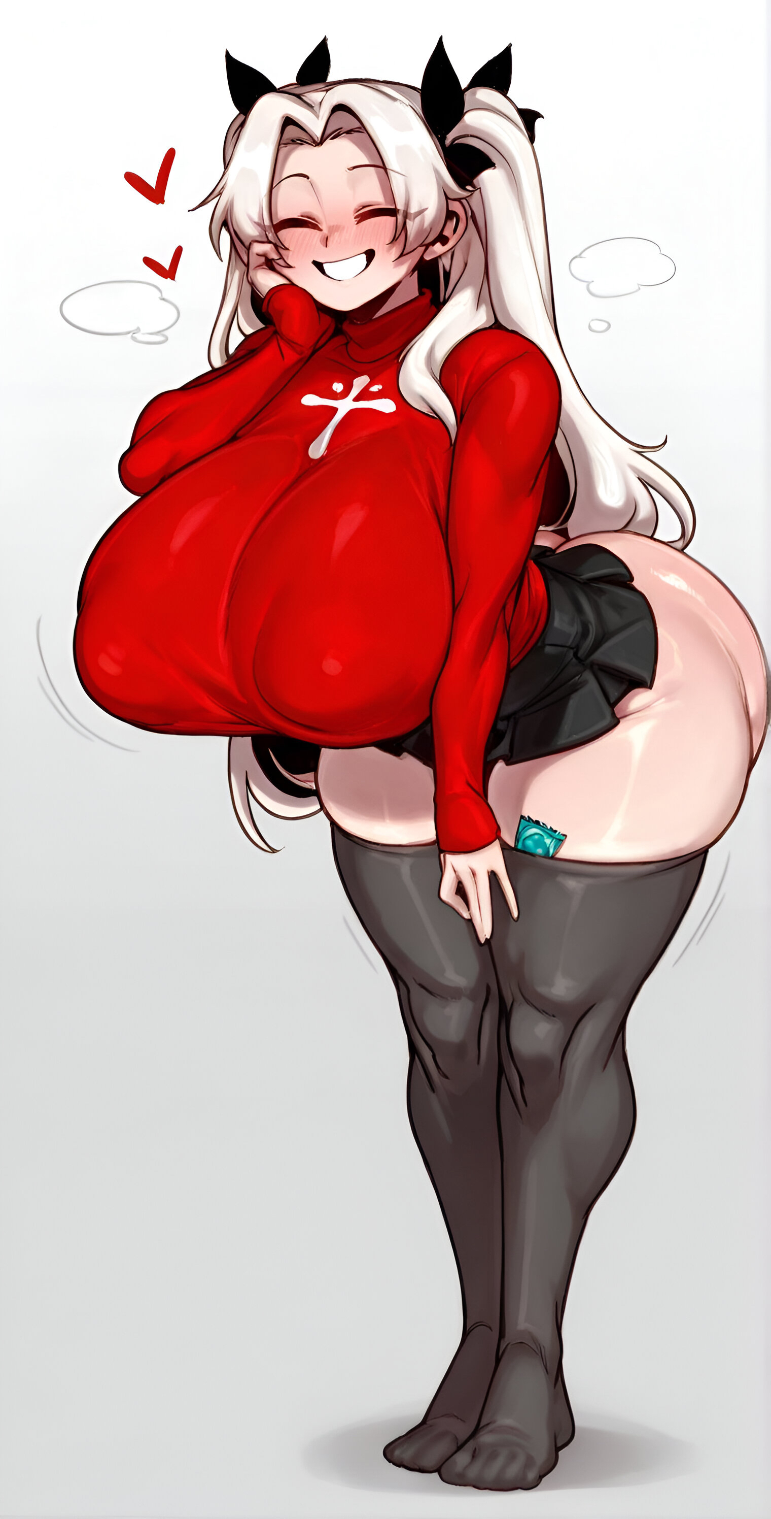 1girls, ai generated, ass, breasts, condom wrapper, cosplay, eyes closed, fate (series), fate/stay night, female, female only, gigantic breasts, hand on own face, heart, huge ass, huge breasts, hyper breasts, irisviel von einzbern, light-skinned female, milf, solo, tohsaka rin, white background, white hair