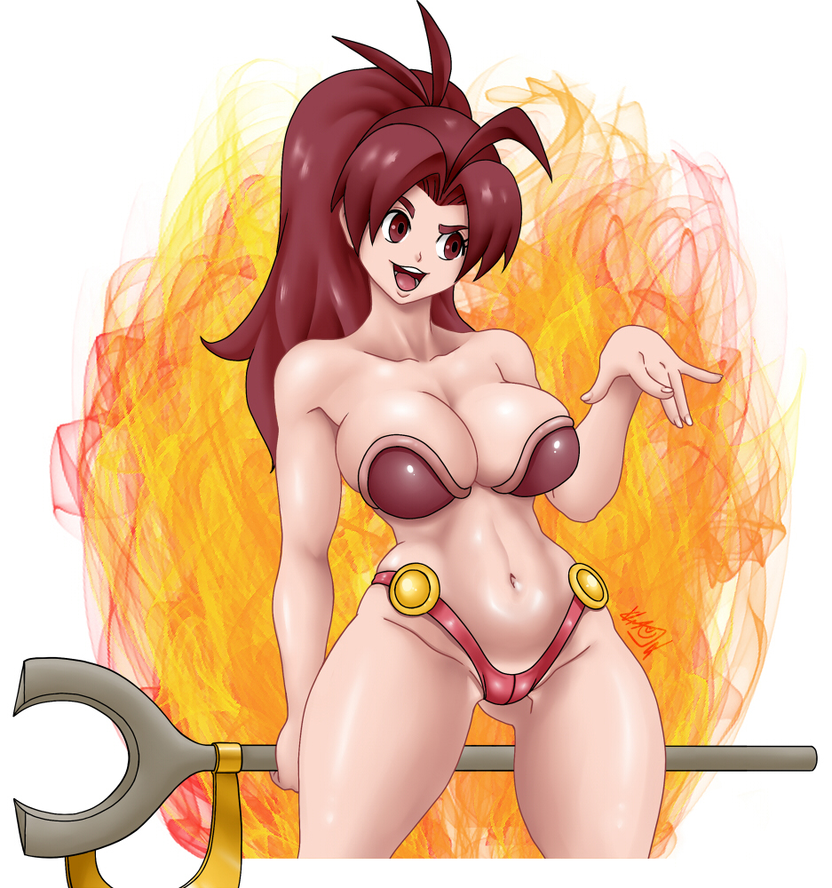 1girls bikini bikini_armor bimbo camelot fire golden_sun happy huge_breasts jenna_(golden_sun) large_breasts long_hair nintendo ponytail pose red_eyes red_hair revealing_clothes smile staff thigh_gap thong vlaimk