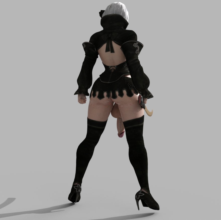 1futa 3d ass backsack balls big_ass big_balls big_penis clothing flaccid futa_only futanari high_heel_boots high_heels kazkazuma light-skinned_futanari light_skin nier nier:_automata nier_reincarnation penis rear_view short_hair solo solo_futa standing testicles white_hair yorha_2b