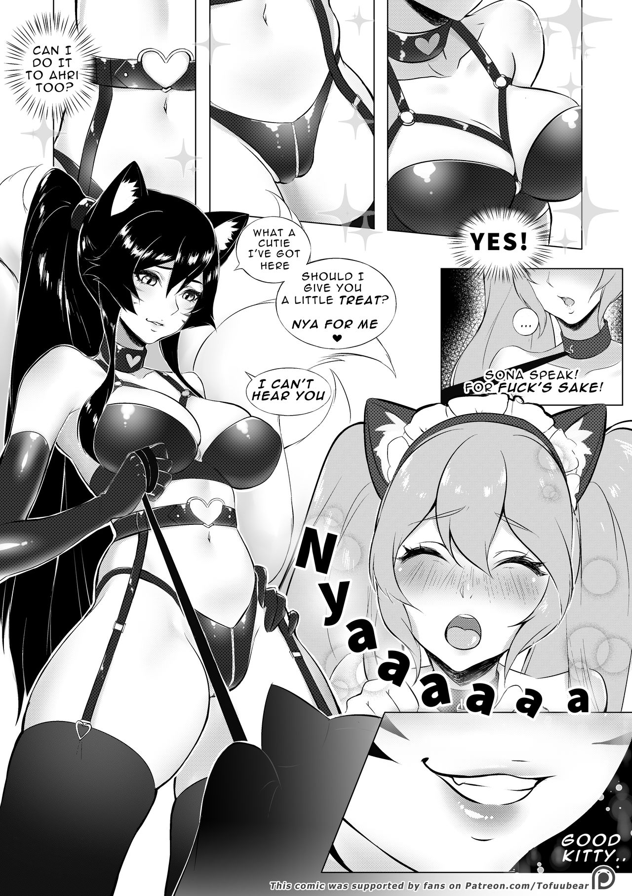 ahri, animal ear fluff, animal ears, animal girl, areolae, big breasts, black hair, breasts, busty, child bearing hips, cleavage, clothing, comic, curvaceous, curves, curvy, curvy body, curvy female, curvy figure, curvy hips, dialogue, english text, eyelashes, eyeliner, eyeshadow, facial markings, female, fluffy, fluffy ears, fluffy tail, fluffy tails, fox, fox ears, fox girl, fox tail, furry tail, hips, hourglass figure, huge breasts, humanoid, inner ear fluff, kemonomimi, kitsune, large breasts, league of legends, light skin, light-skinned female, long hair, monochrome, multi tail, nine tailed fox, nipples, pale skin, pale-skinned female, riot games, sona buvelle, tail, text, thick thighs, thighs, threesome, tofuubear, uncensored, vastaya, video games, voluptuous, wide hips, yellow eyes, yuri