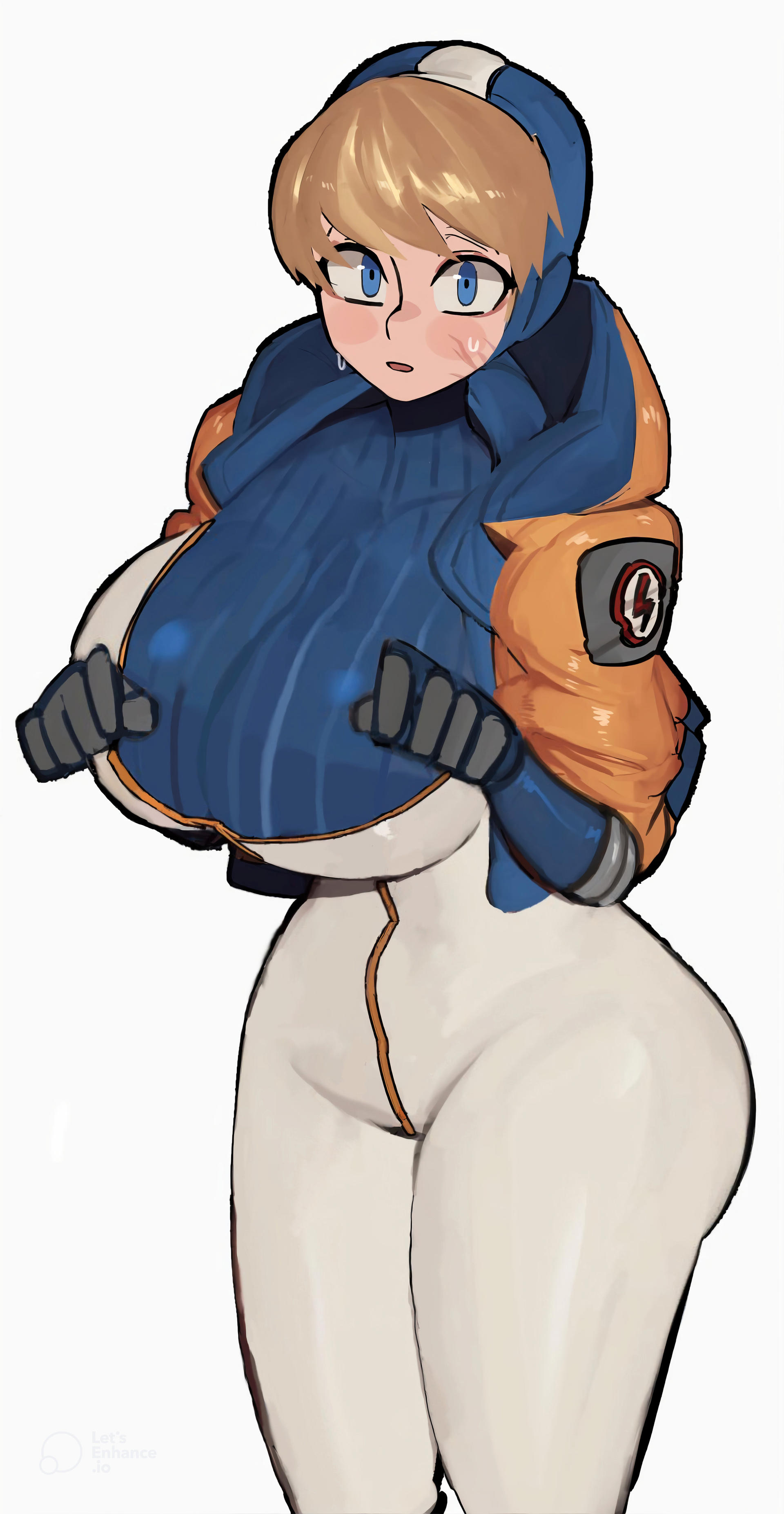 apex legends, ass expansion, belt, big breasts, big thighs, blush, breast expansion, breast growth, breast growth (enlargement), breasts, female, gigantic breasts, growth, huge breasts, jumpsuit, lichtenberg figure, manobece, scar, simple background, skin tight, skin tight suit, skinsuit, sweat, thick, thick legs, thick thighs, tight clothes, tight clothing, tight pants, tights, wattson (apex legends)