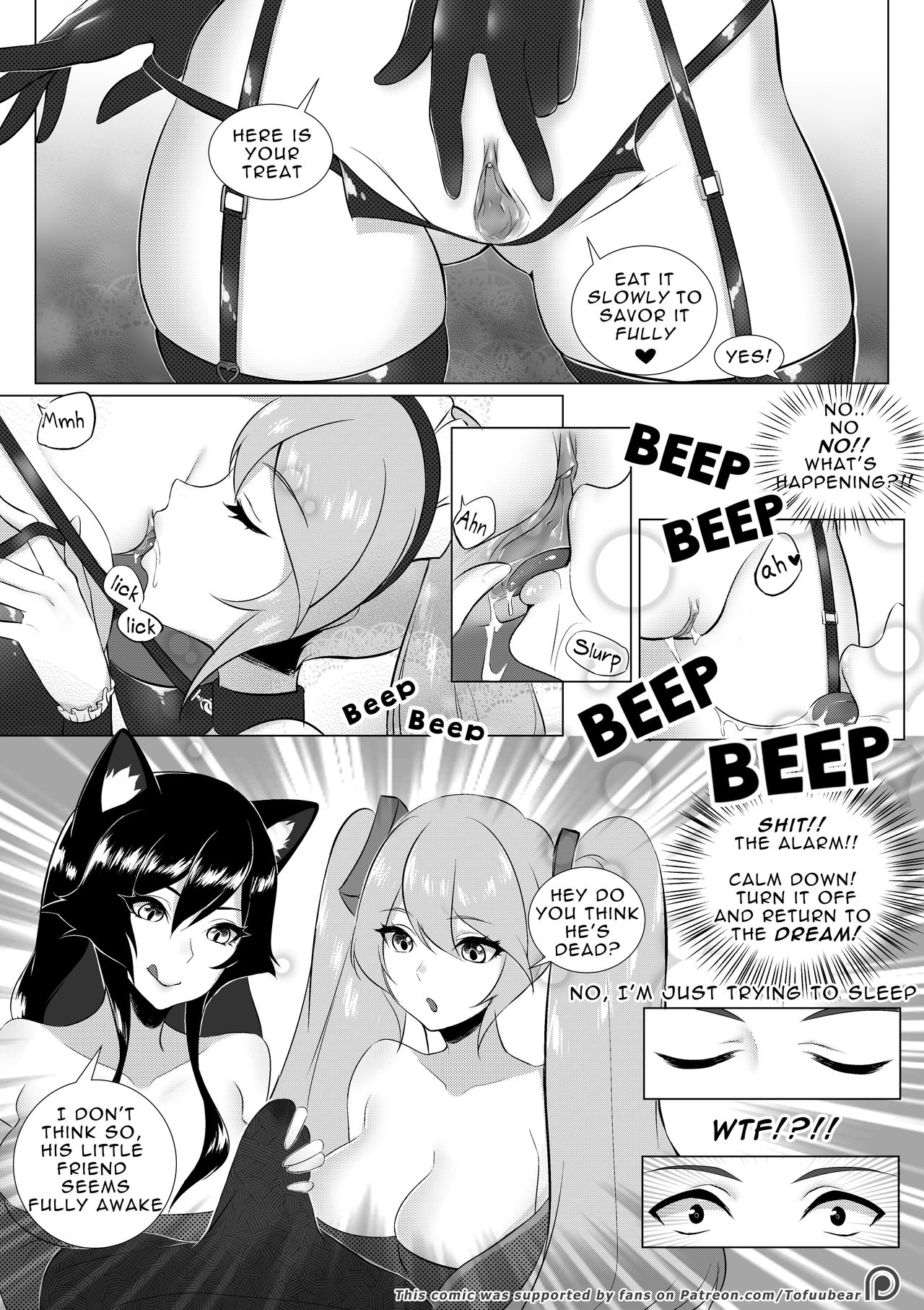 ahri, animal ear fluff, animal ears, animal girl, areolae, big breasts, black hair, breasts, busty, child bearing hips, cleavage, clothing, comic, cunnilingus, curvaceous, curves, curvy, curvy body, curvy female, curvy figure, curvy hips, dialogue, english text, eyelashes, eyeliner, eyeshadow, facial markings, female, fluffy, fluffy ears, fluffy tail, fluffy tails, fox, fox ears, fox girl, fox tail, furry tail, hips, hourglass figure, huge breasts, humanoid, inner ear fluff, kemonomimi, kitsune, large breasts, league of legends, light skin, light-skinned female, long hair, monochrome, multi tail, nine tailed fox, nipples, pale skin, pale-skinned female, riot games, sona buvelle, tail, text, thick thighs, thighs, threesome, tofuubear, uncensored, vastaya, video games, voluptuous, wide hips, yellow eyes