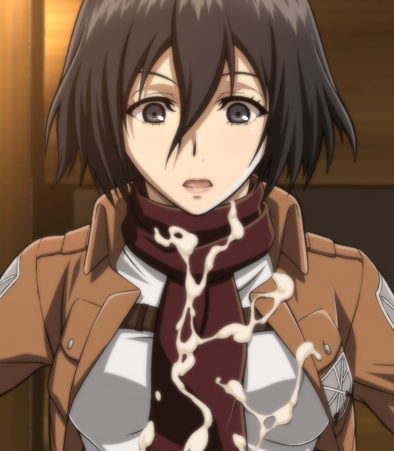 1girls asian asian_female attack_on_titan black_hair clothed clothed_female cum cum_on_body cum_on_clothes cum_on_scarf female female_only fully_clothed grey_eyes hair_between_eyes jacket light-skinned_female light_skin looking_down lost_rarities medium_hair mikasa_ackerman military_jacket military_uniform open_mouth pale-skinned_female pale_skin paradis_military_uniform petite red_scarf scarf shocked shocked_expression soldier solo solo_female takapiko unbuttoned uniform