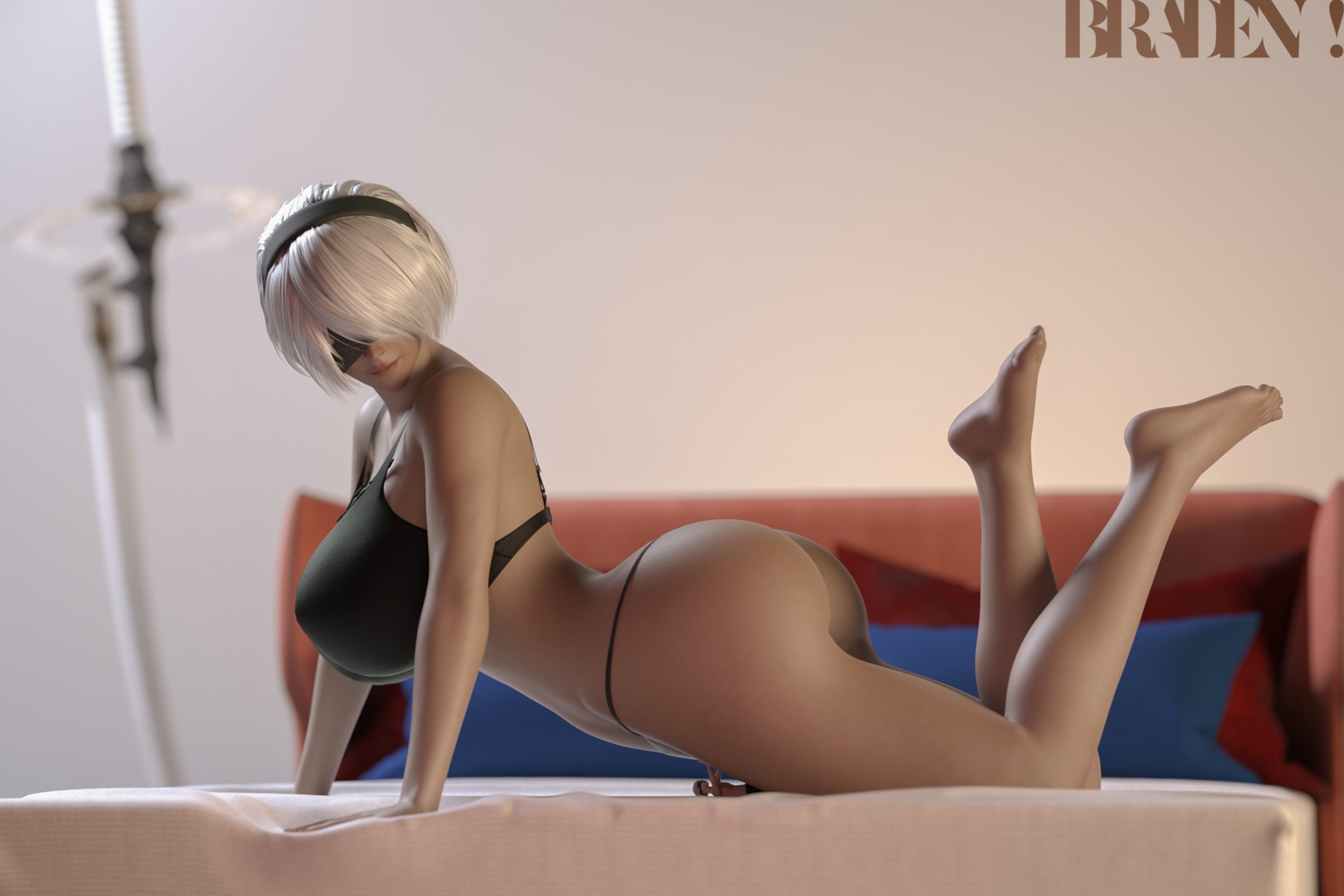 1boy, 1girls, 3d, ass, bed, big ass, big breasts, blindfold, bradengts, breasts, female, giantess, hairband, huge ass, huge breasts, larger female, light skin, light-skinned female, light-skinned male, macro, male, micro, nier, nier: automata, short hair, shrunk, shrunken male, size difference, smaller male, white hair, yorha 2b, yorha 9s