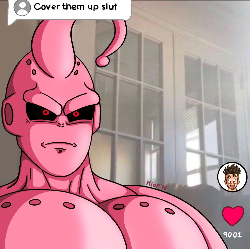 1boy confused cover_them_up_slut dragon_ball humanoid majin_buu male male_only muscular pecs pink_skin red_eyes solo solo_focus super_buu