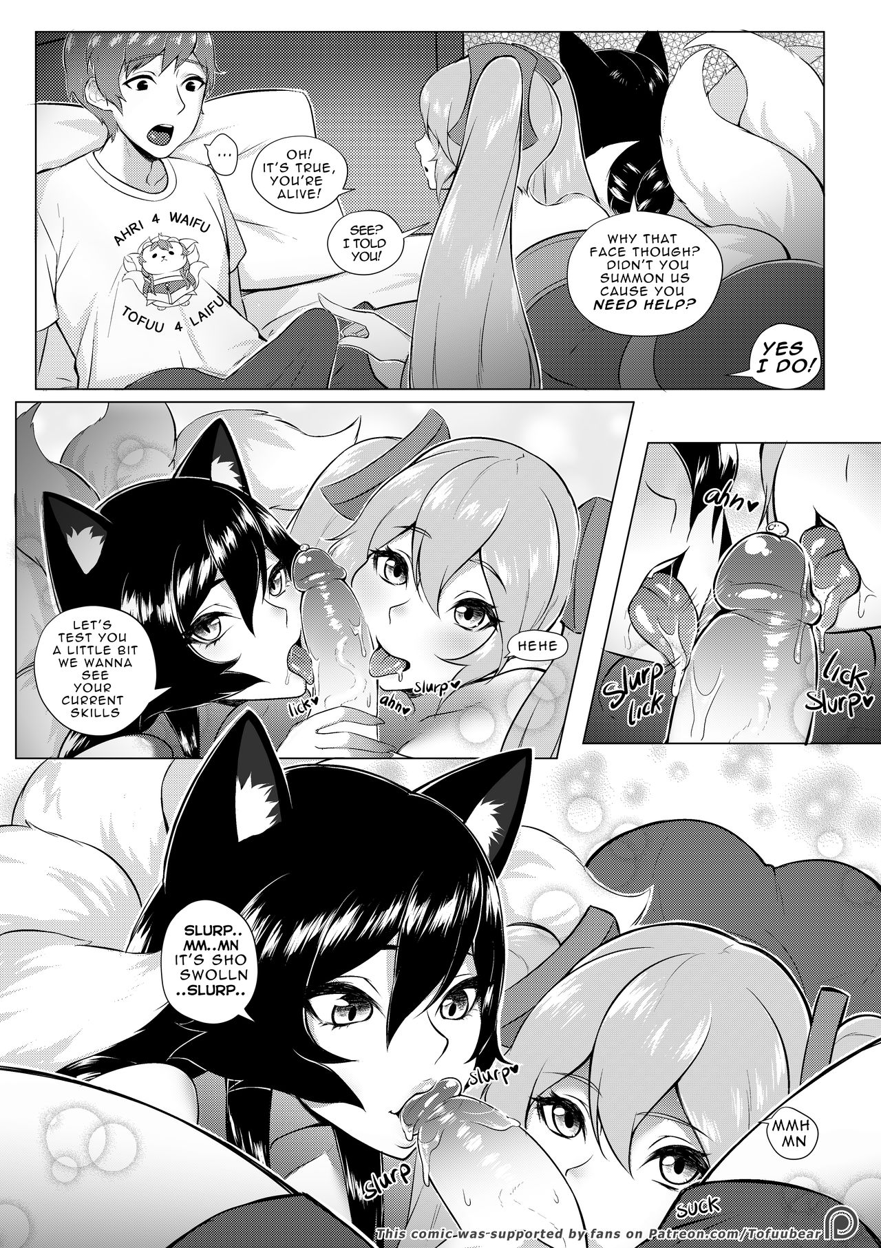 ahri, animal ear fluff, animal ears, animal girl, areolae, big breasts, black hair, blowjob, breasts, busty, child bearing hips, cleavage, clothing, comic, curvaceous, curves, curvy, curvy body, curvy female, curvy figure, curvy hips, dialogue, english text, eyelashes, eyeliner, eyeshadow, facial markings, fellatio, female, fluffy, fluffy ears, fluffy tail, fluffy tails, fox, fox ears, fox girl, fox tail, furry tail, hips, hourglass figure, huge breasts, humanoid, inner ear fluff, kemonomimi, kitsune, large breasts, league of legends, light skin, light-skinned female, long hair, monochrome, multi tail, nine tailed fox, nipples, oral, oral sex, pale skin, pale-skinned female, riot games, sona buvelle, tail, text, thick thighs, thighs, threesome, tofuubear, uncensored, vastaya, video games, voluptuous, wide hips, yellow eyes