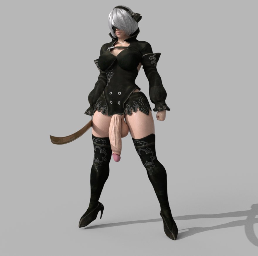 1futa 3d balls big_balls big_breasts big_penis blindfold breasts clothing flaccid futa_only futanari hairband high_heel_boots high_heels huge_balls huge_cock kazkazuma light-skinned_futanari light_skin nier nier:_automata nier_reincarnation penis short_hair solo solo_futa standing testicles white_hair yorha_2b