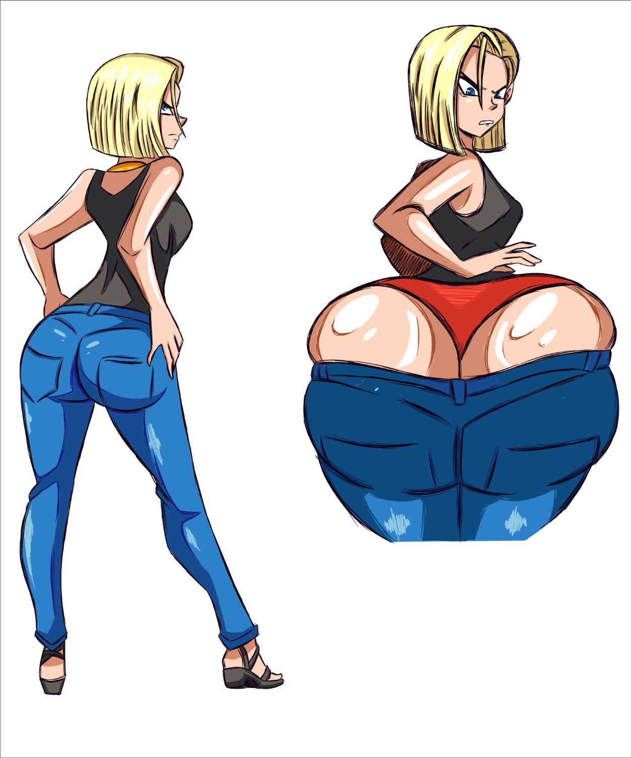 1girls, android 18, arbrianarchy, ass, ass expansion, ass too fat, big ass, blonde hair, bubble ass, bubble butt, denim, denim clothing, denim jeans, dragon ball, dragon ball z, female, inconvenient ass, inconvenient butt, jeans, looking at own ass, looking at own butt, looking back, looking back at ass, looking back at self, looking down at butt, looking down at self, panties, tight jeans, wardrobe malfunction