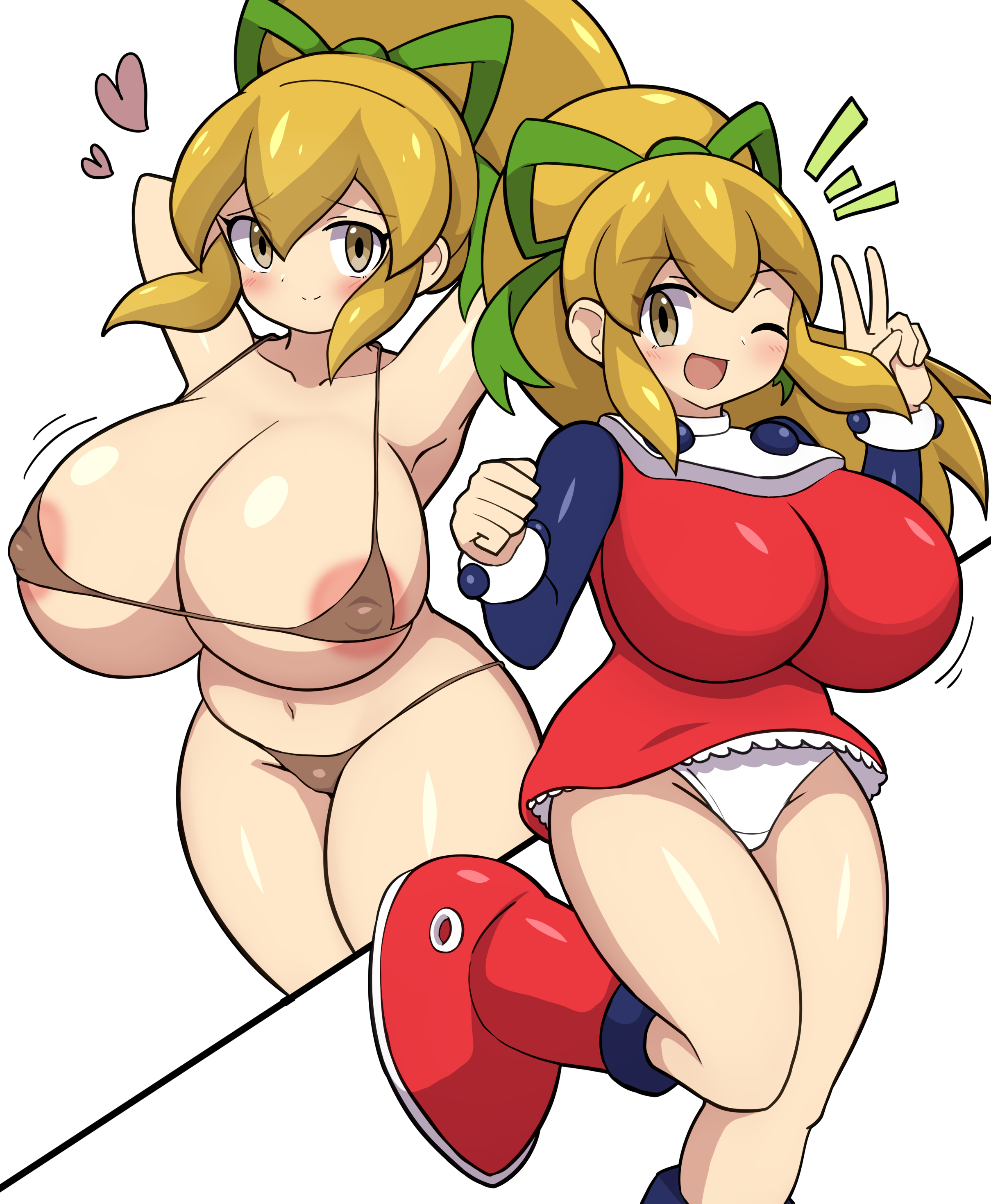 1girls, bikini, blonde hair, blush, breasts, female, gigantic breasts, heart, huge breasts, jaga334, mega man, mega man (classic), panties, peace sign, roll, yellow eyes