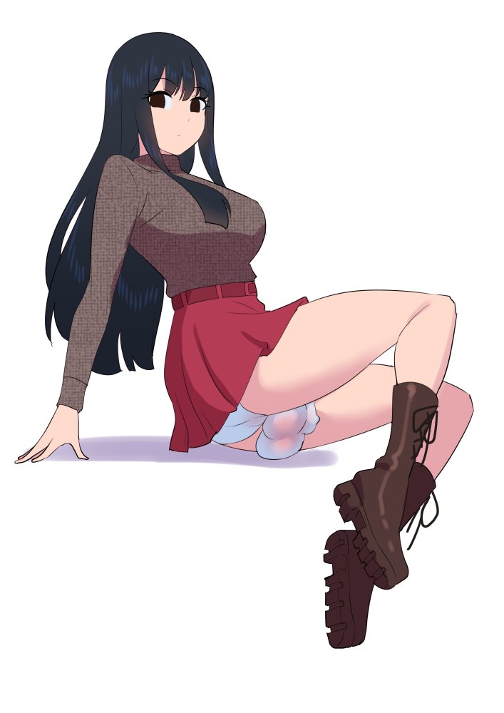1futa, balls, bangs, big balls, black hair, boots, breasts, clothed, clothing, flaccid, flaccid penis, fully clothed, futa only, futanari, human, intersex, legs, light skin, light-skinned futa, long hair, oc, original, penis, sitting, skirt, solo, thick, thick legs, thick thighs, thighs, turtleneck, under skirt, underwear, white legwear, white underwear, zheng