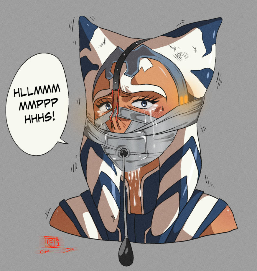 1girls, ahsoka tano, alien, alien girl, blue clothing, blue eyes, bondage, clone wars, clothed, clothed female, crying, domination, drooling, eyelashes, eyes, facial markings, female, female only, femsub, forced, front view, fully clothed, gag, gagged speech, grey background, headgear, horn, humanoid, looking at viewer, movement lines, nose hook, open eyes, orange body, orange skin, randomdude369, sad, scared, signature, simple background, solo, speech bubble, star wars, submissive, tape gag, tears, tears of desperation, tentacle, tentacle hair, text, the clone wars: season seven, togruta