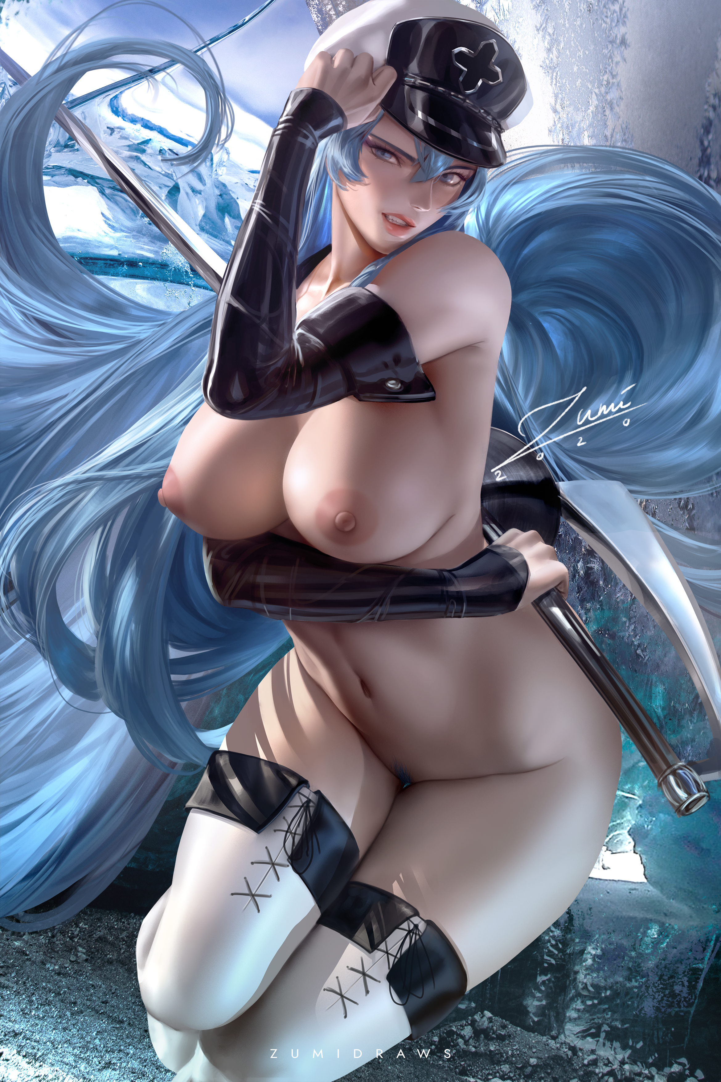 1girls, akame ga kill!, alternate version available, artist signature, big breasts, blue hair, breasts, curvaceous, curvy, esdeath (akame ga kill!), female, female only, hi res, highres, huge breasts, human, large breasts, long hair, looking at viewer, military, military hat, nipples, patreon reward, pubic hair, seductive look, seductive smile, solo, solo female, solo focus, thick thighs, version without pubic hair available, very high resolution, zumi