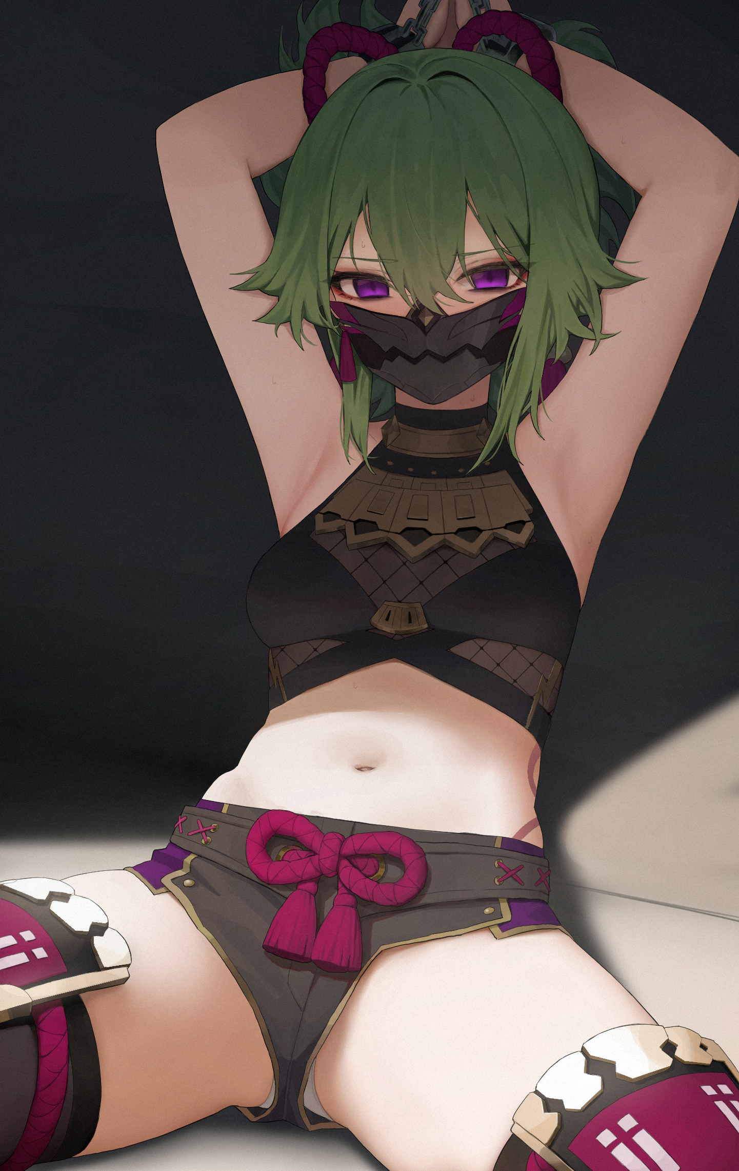 1girls, armpits, arms above head, arms behind head, arms bound, arms tied, arms up, belly, belly button, bondage, bound, bound arms, bound wrists, face mask, female, fishnet topwear, genshin impact, green hair, kuki shinobu, looking at viewer, mask, masked, masked female, midriff, mochirong, ponytail, purple eyes, short shorts, shorts, solo, solo female, spread legs, spreading, stomach, tank top, tights, topwear