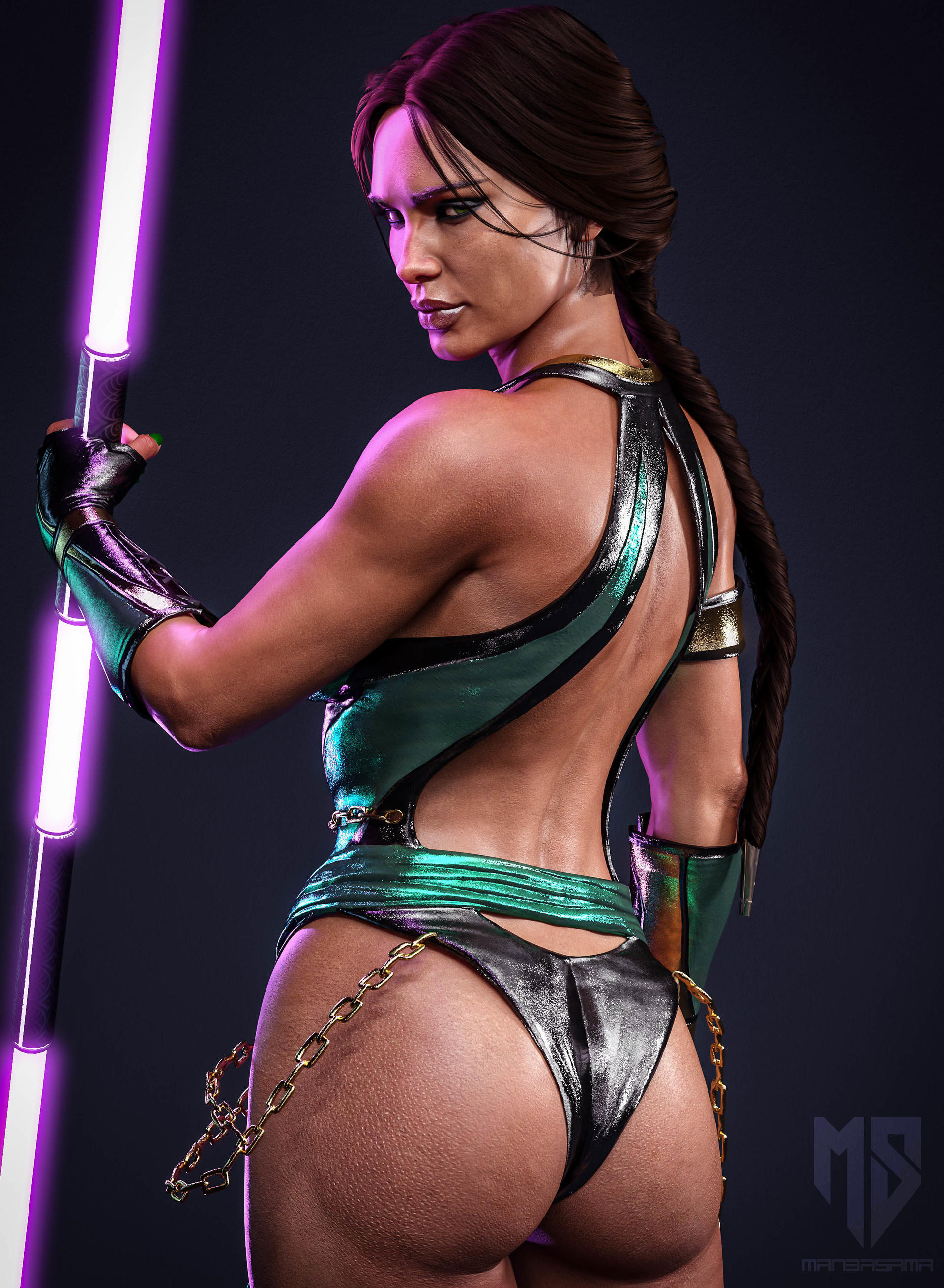 1girls, 3d, 3d (artwork), armband, ass, big ass, black background, bodysuit, brown hair, dark skin, dark-skinned female, female, female only, green eyes, hair over one eye, hand on hip, jade (mortal kombat), leotard, looking at viewer, manbasama, mortal kombat, mortal kombat 11, nail polish, solo, tan-skinned female, thick thighs, thighs