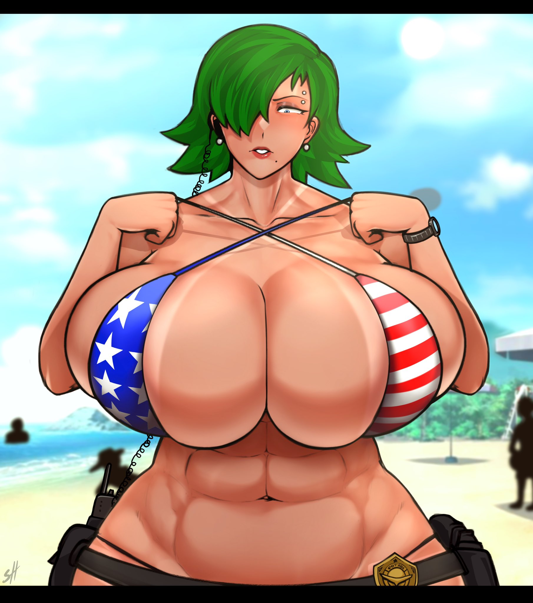 1girls, 4th of july, abs, alternate version available, american flag, american flag bikini, avis (strangehero), belt, big breasts, blue eyes, breasts, breasts bigger than head, duty belt, female, female only, green hair, gun, holster, hourglass figure, huge breasts, muscular, muscular female, solo, strangehero, tagme, tan body, tan skin, tanline, tight bikini, tight fit, weapon, white body, white skin