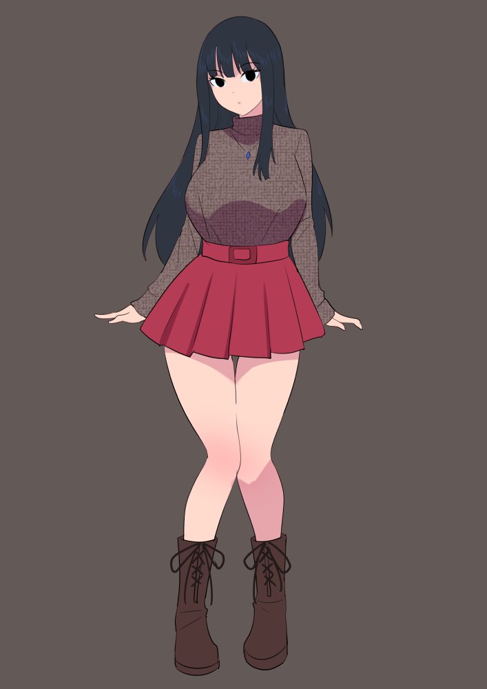 1girls, black hair, boots, clothed, clothing, female, female only, fully clothed, human, knees together feet apart, light skin, light-skinned female, long hair, necklace, oc, original, skirt, solo, thick, thick thighs, thighs, turtleneck, zheng