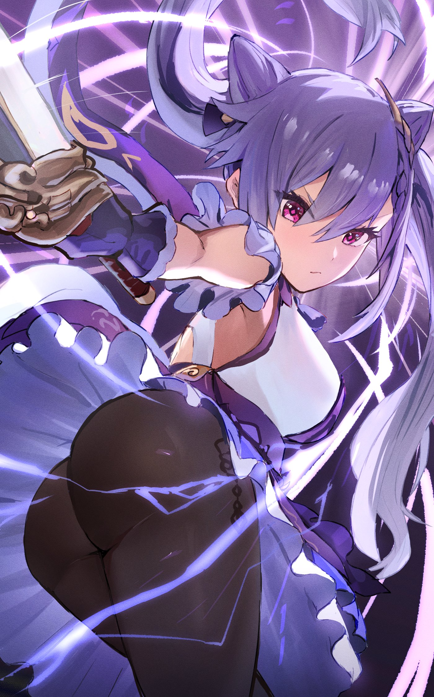 ass, big ass, big butt, female, genshin impact, huge ass, huge butt, keqing (genshin impact), large ass, large butt, pantyhose, purple hair, tight clothes, tight clothing, tight fit, tight pants, tights