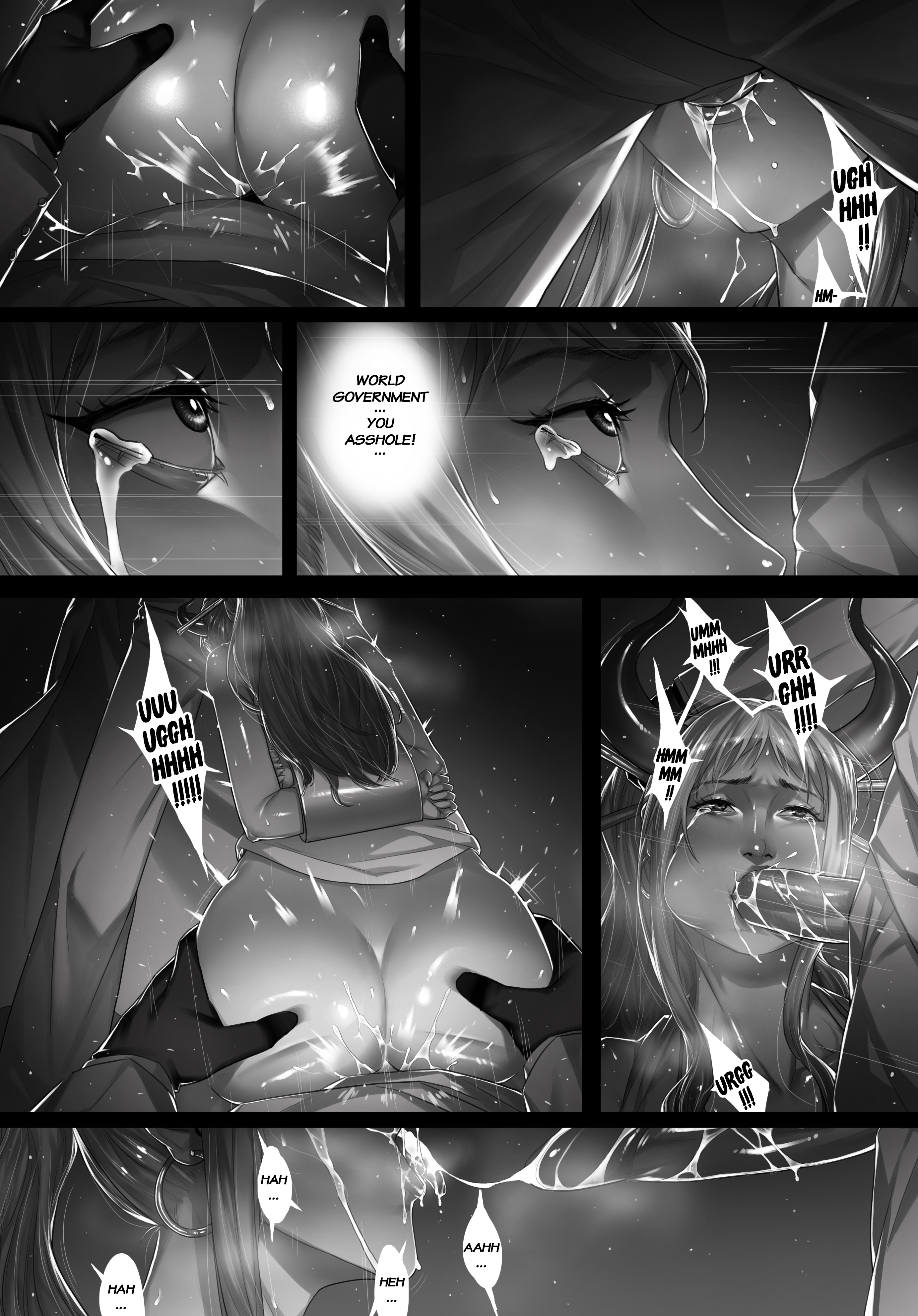 ass, ass focus, ass grab, big ass, big butt, big penis, black and white, blowjob, crying, crying with eyes open, cum, cum in mouth, cum inside, deep blowjob, deepthroat, double penetration, english text, female, fucked from behind, gloves, greyscale, horn, horns, male, manga, moan, moaning, moaning in pain, mouth full, one piece, penis, penis in mouth, penis in pussy, penis out, pounding, pov, pussy, rape, raped, sex, sex from behind, sharai, sweat, sweatdrop, text, threesome, twitching, unseen male face, white hair, white skin, yamato (one piece)
