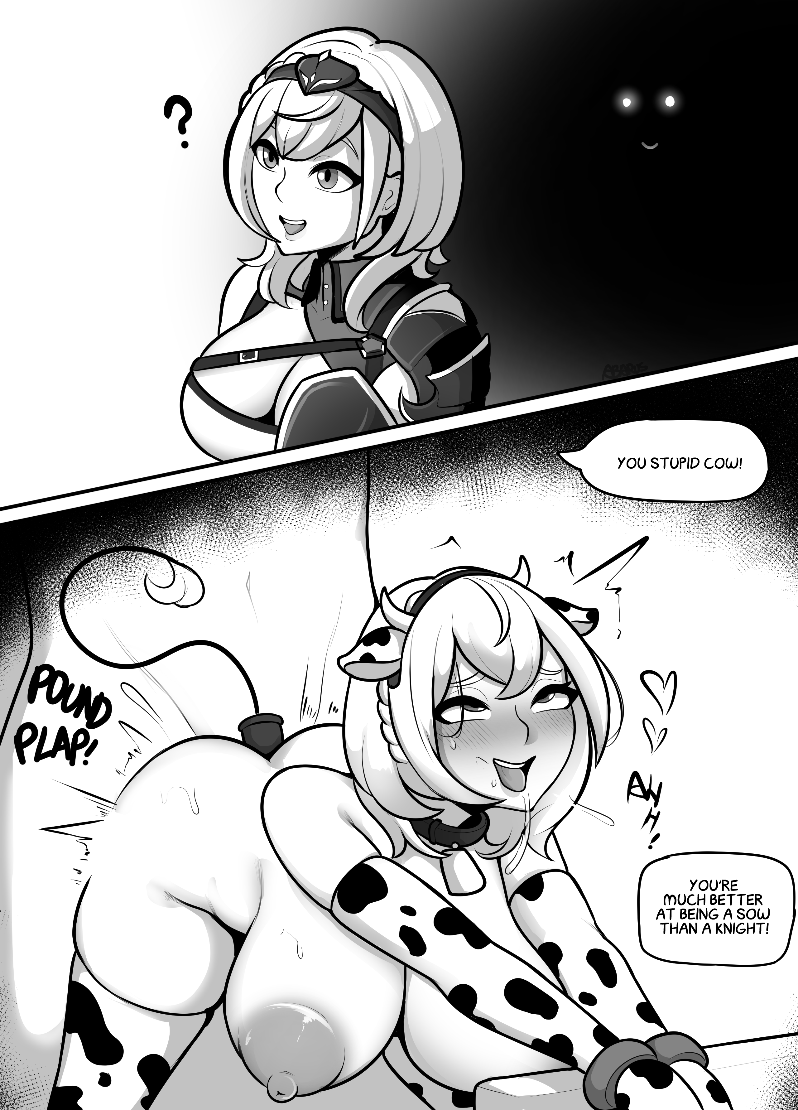 1boy, 1girls, 2022, abarus, ahe gao, anal plug, before and after, bell collar, black and white, blush, bondage, braided hair, breasts, buttplug, cleavage, collar, cow girl, cow print, cowbell, drooling, english text, female, femsub, forced, functionally nude, handcuffs, heart, hi res, highres, hololive, hololive fantasy, hololive japan, instant loss 2koma, large areolae, large breasts, large nipples, leash, leash and collar, male, open mouth, penetration, rough sex, sex, shirogane noel, short hair, slave, tail plug, text, virtual youtuber