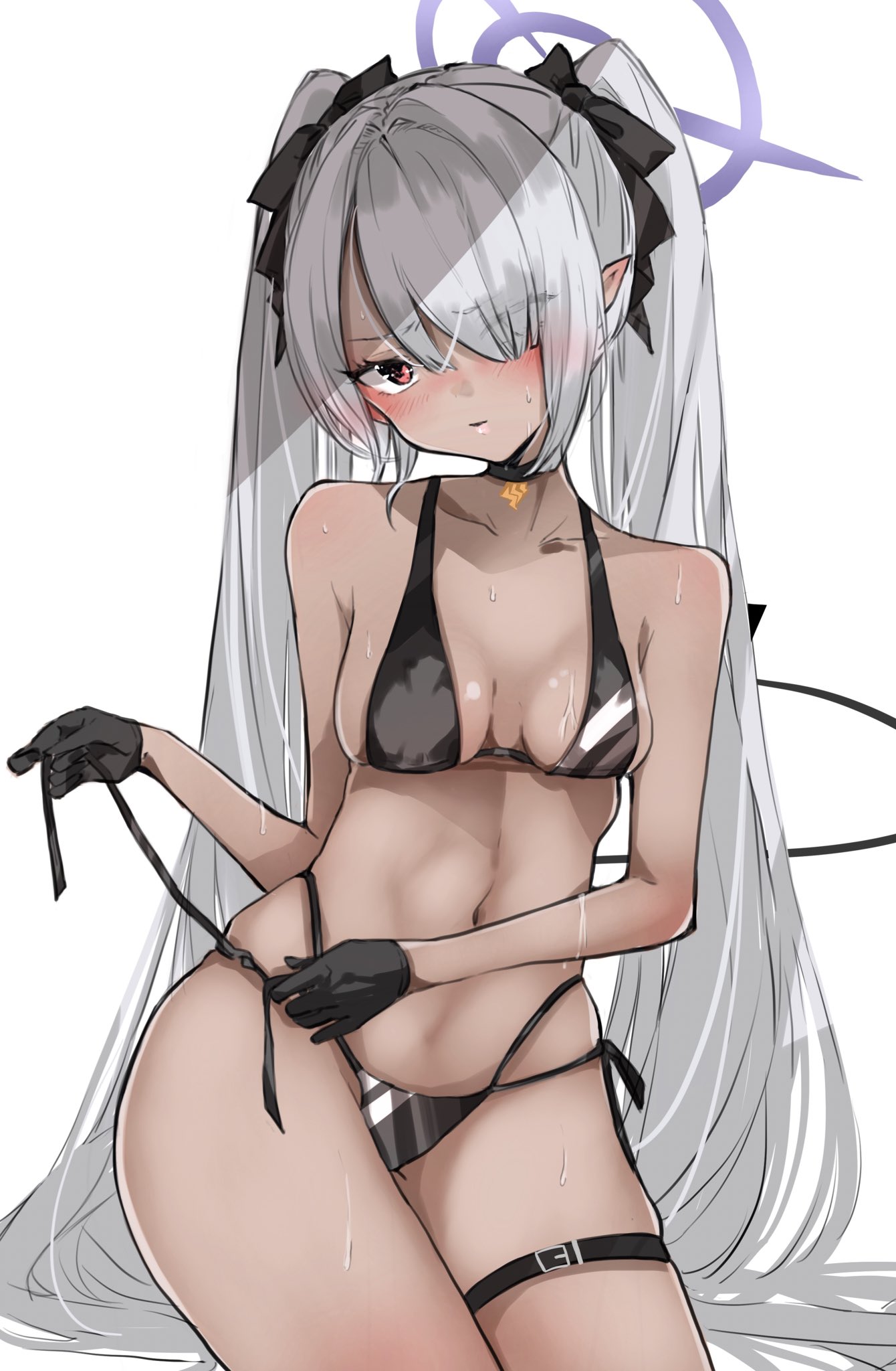 bangs, bikini, black bikini, black gloves, black ribbon, blue archive, blush, breasts, chigasaki yukari, choker, dark skin, dark-skinned female, female, gehenna academy student, gloves, grey hair, hair over one eye, hair ribbon, halo, highres, iori (blue archive), iori (swimsuit) (blue archive), long hair, looking at viewer, medium breasts, parted lips, red eyes, ribbon, side-tie bikini, solo, swimsuit, thigh strap, twintails, untying, very long hair, wet