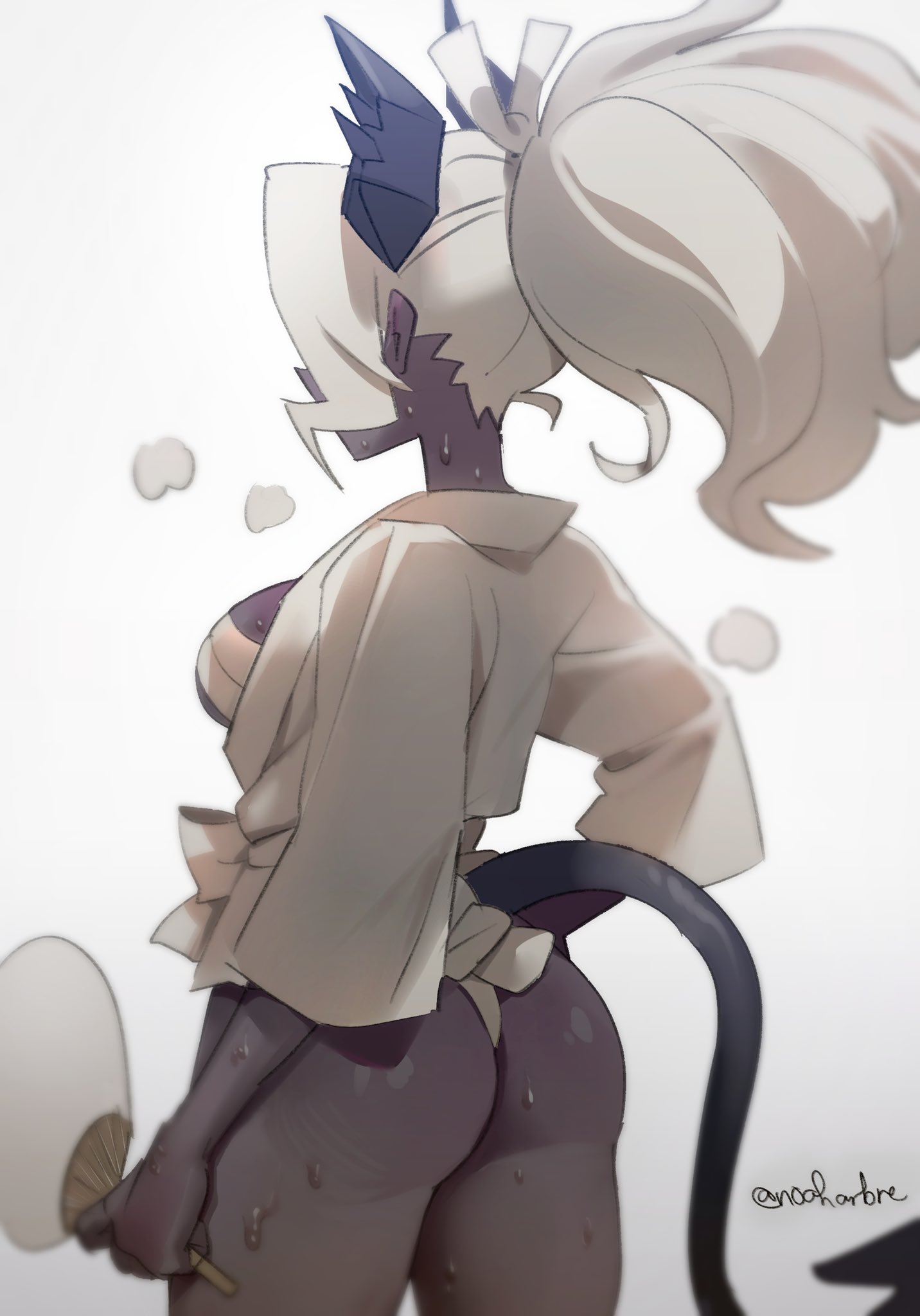 1girls, 2022, ass, back, back view, bare legs, breasts, clothed, clothed female, clothes, clothing, dark skin, dark-skinned female, demon, demon girl, demon horns, demon tail, fan, female, from behind, fully clothed, hair, heat (temperature), helltaker, hi res, holding fan, holding object, horned humanoid, horns, humanoid, judgement (helltaker), long hair, long tail, looking away, medium breasts, noaharbre, ponytail, rear view, sideboob, signature, simple background, solo, spade tail, standing, steam, steaming body, sweat, sweatdrop, sweating, sweaty ass, sweaty breasts, sweaty butt, sweaty thighs, tail, thighs, three-quarter portrait, traditional clothes, white background, white hair