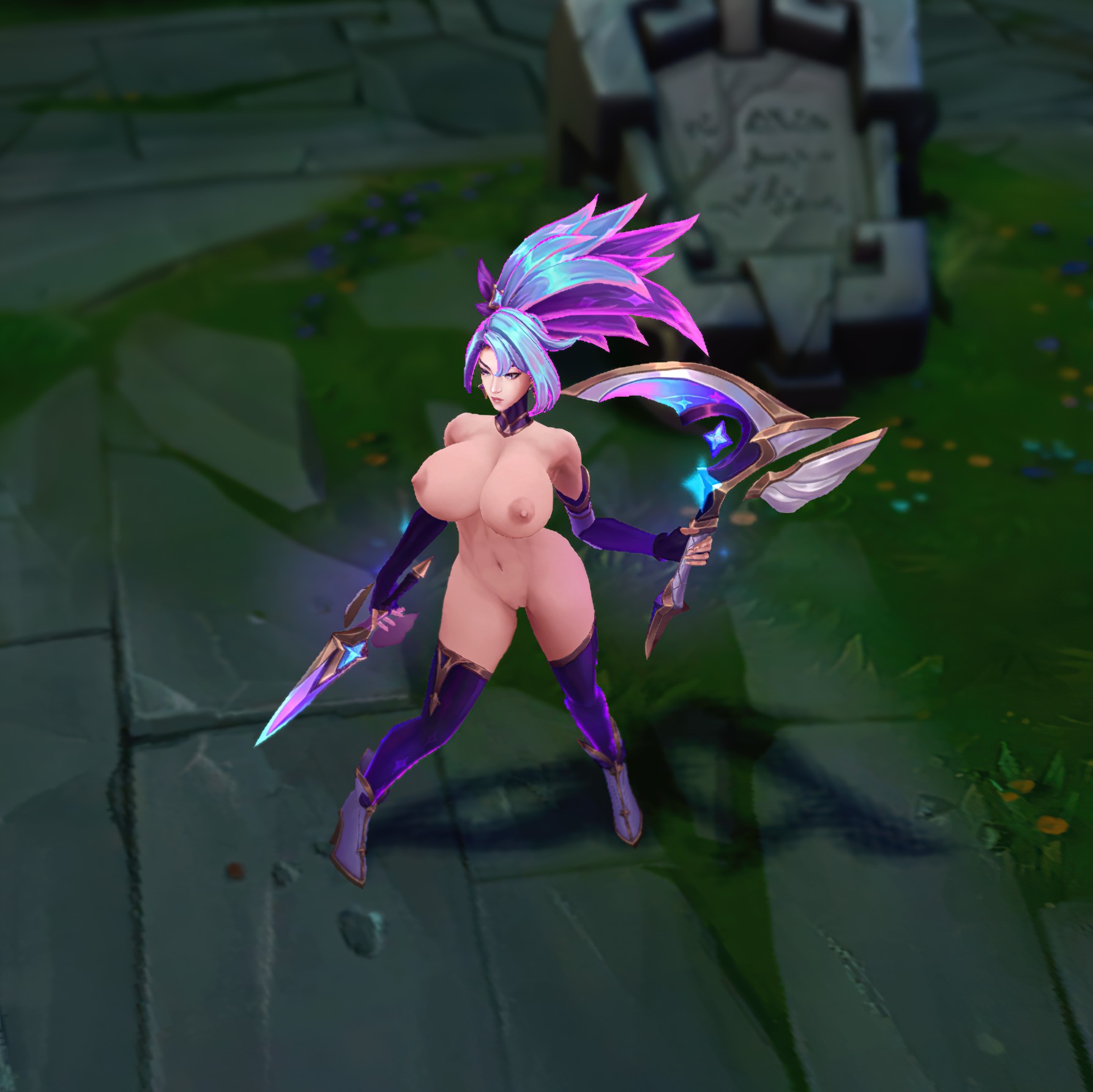 1girls, 3d, akali, areolae, armwear, ass, big ass, big breasts, big butt, breasts, casual, exposed torso, female, female only, human, league of legends, legwear, long hair, mod, ninfrock, nipples, pale skin, pussy, shaved pussy, solo, solo female, star guardian akali, thick thighs, weapon, wide hips