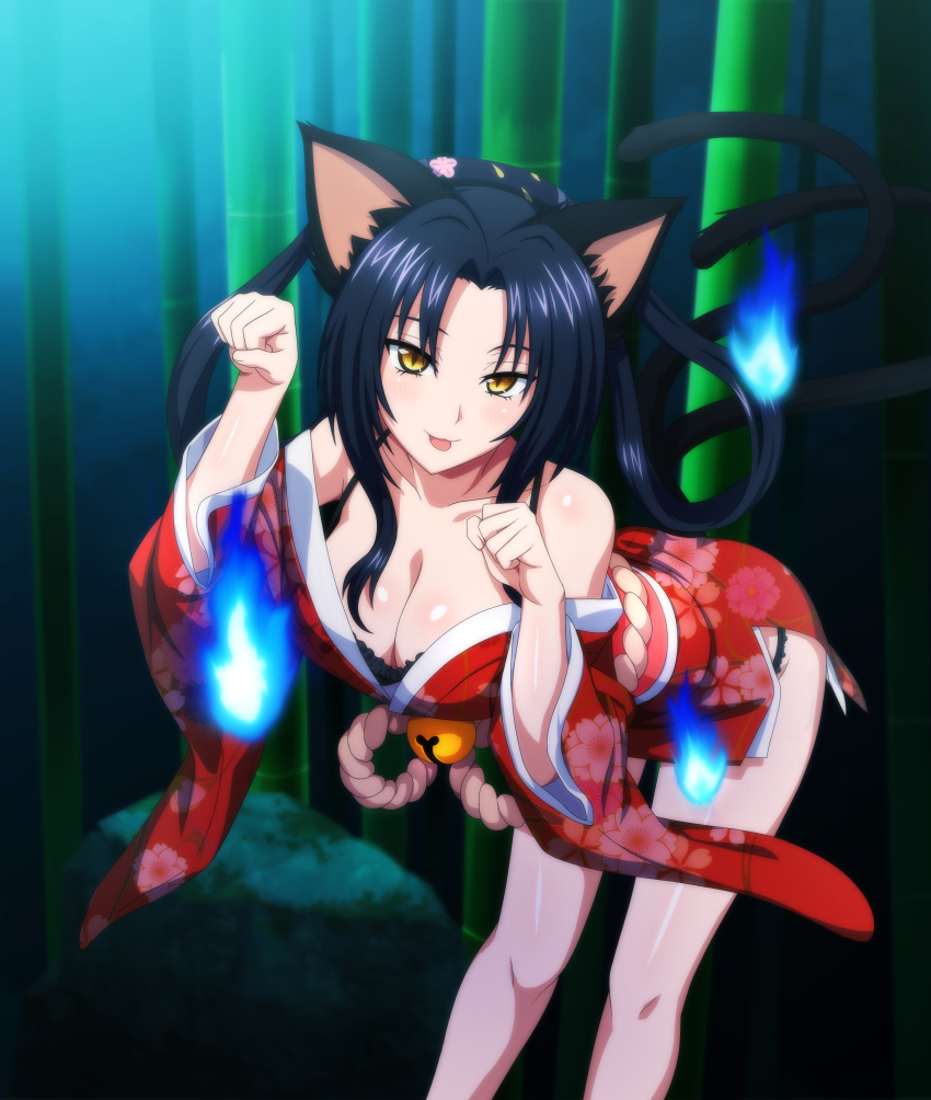 animal ears, bent over, black bra, black hair, black panties, breasts, cat ears, cat girl, cat tail, catgirl, cleavage, female, female only, high school dxd, japanese clothes, kuroka (high school dxd), large breasts, long hair, looking at viewer, shiny skin, solo focus, thick thighs, thighs, tongue, tongue out, uncensored, underwear, yellow eyes