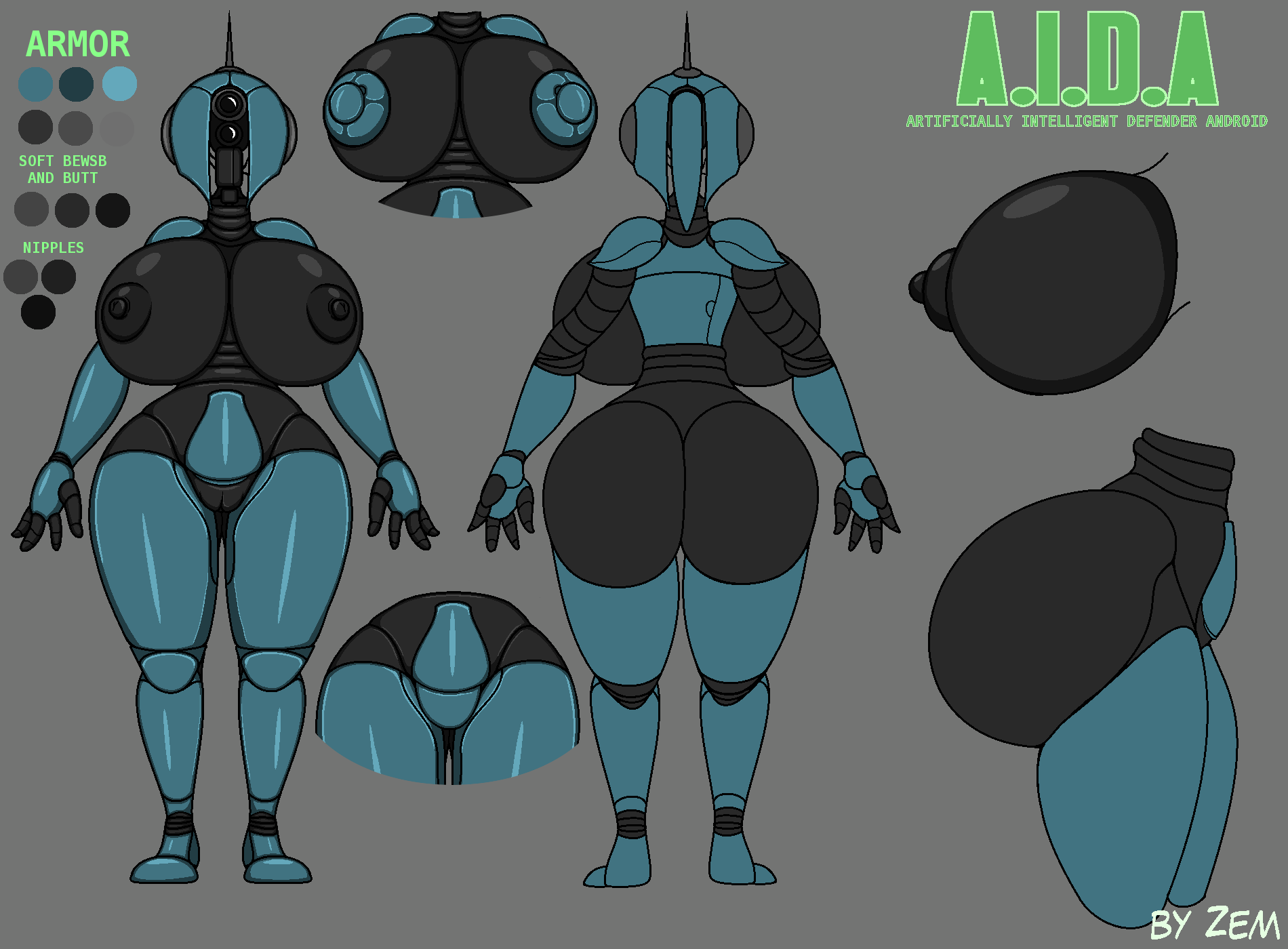 a.i.d.a._(zem) aida_(a.i.d.a.) alpha_channel areola armor ass assaultron assaultron_(fallout) big_breasts big_butt black_areola black_body black_nipples blue_armor blue_body breasts dark_areola dark_body dark_nipples fallout female front_view genitals green_background hi_res huge_breasts huge_butt humanoid machine model_sheet nipple_covers nipples pasties pussy rear_view robot robot_humanoid shoulder_pads simple_background solo text thick_thighs wide_hips zem_(artist)