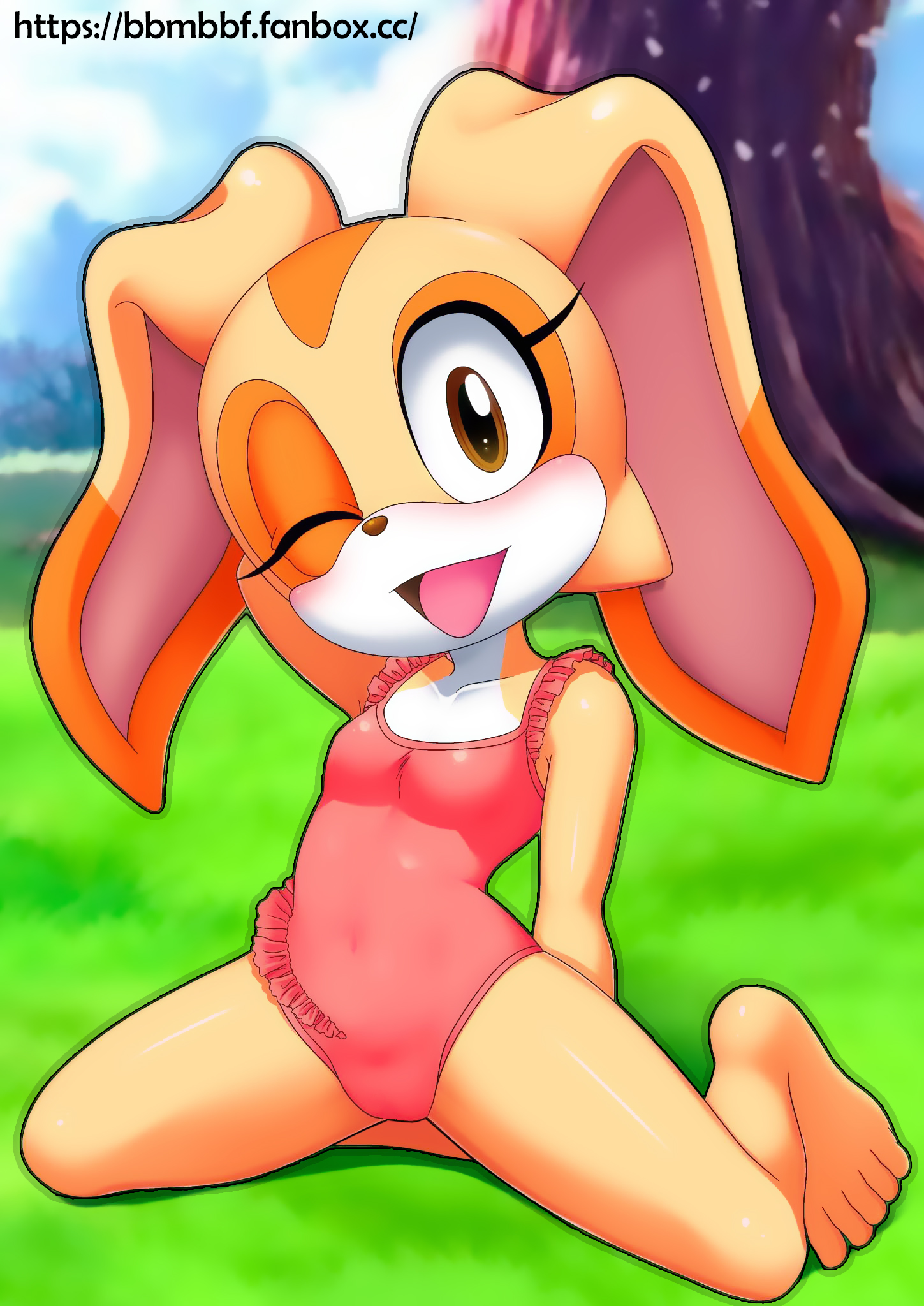 barefoot, bbmbbf, big ears, cream the rabbit, day, female, hands behind back, hands behind head, humanoid feet, kneeling, mobius unleashed, one eye closed, one eye open, one-piece swimsuit, open legs, open mouth, palcomix, pink swimsuit, rabbit ears, rabbit feet, sega, soles, sonic (series), sonic the hedgehog (series), swimsuit, toes