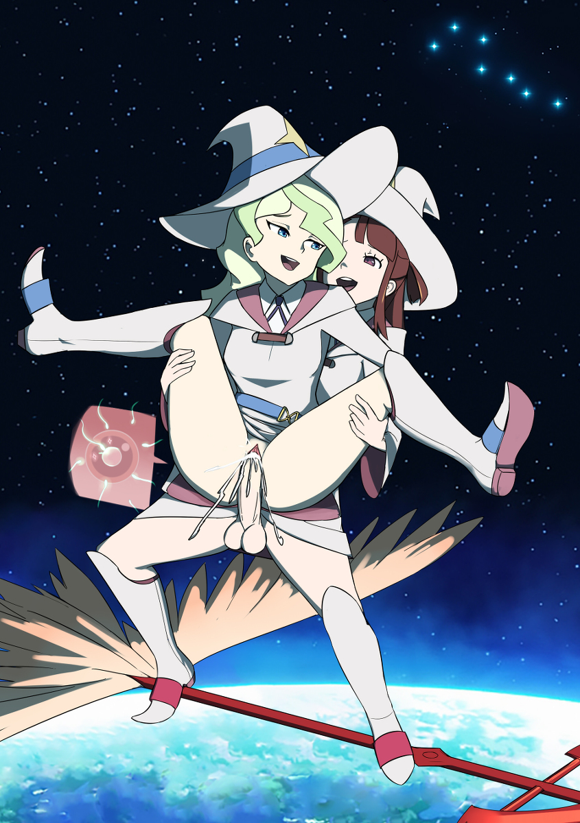 1futa, 1girls, atsuko kagari, bangs, bottomless, broom, broom riding, brown hair, carrying, carrying position, clothed, clothed sex, clothing, cum, cum in pussy, cum inside, cumming, diakko, diana cavendish, duo, ejaculation, erection, female, futa on female, futanari, green hair, human, impregnation, intersex, light skin, light-skinned female, light-skinned futa, little witch academia, long hair, oksandio, open mouth, ovum, pale skin, pale-skinned female, pale-skinned futa, palette, partially clothed, penetration, penis, pussy, reverse suspended congress, sex, space, standing, studio trigger, vaginal penetration, x-ray