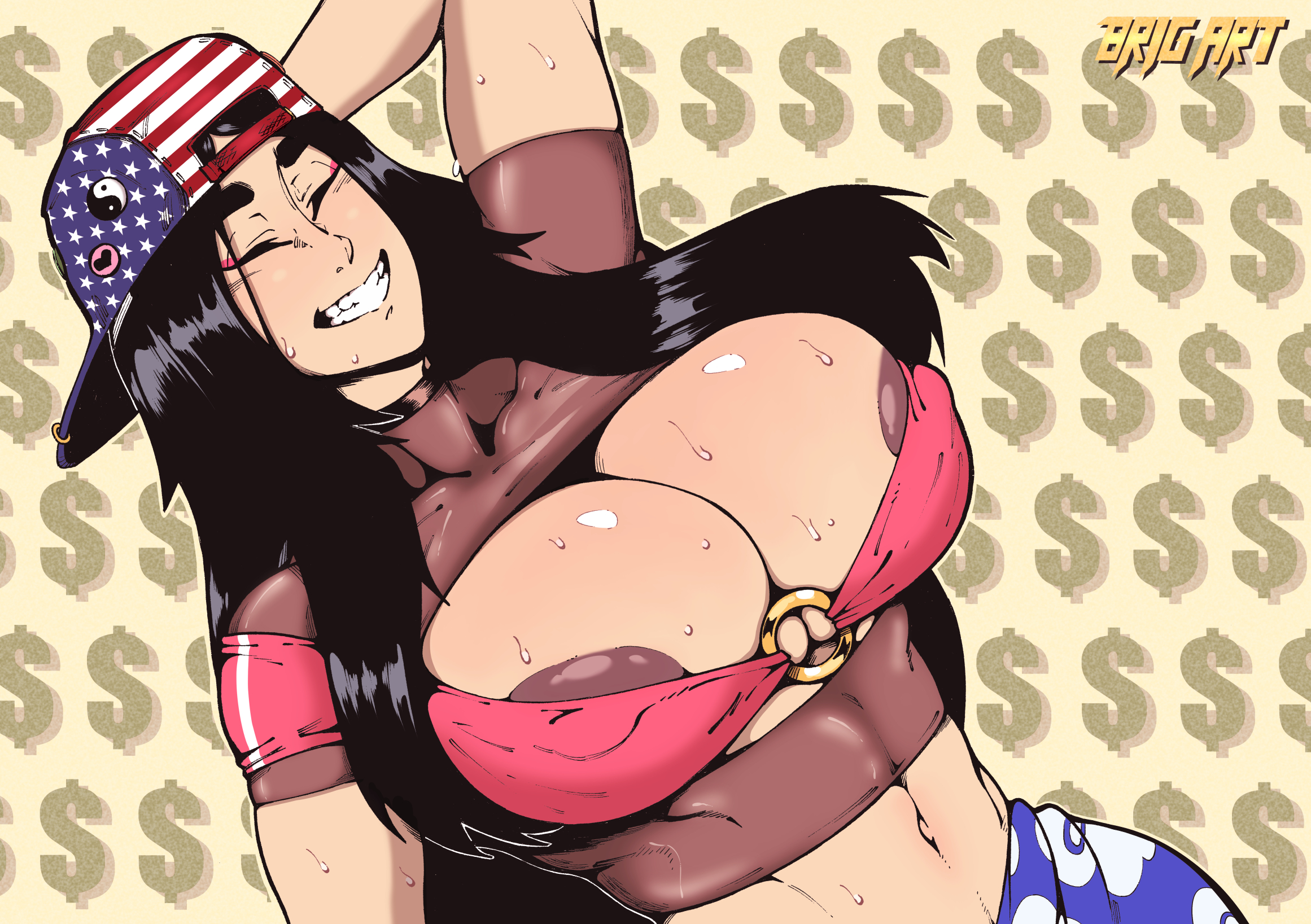 4th of july, american flag, areola slip, areolae, asian, asian female, big breasts, black hair, breasts, brig art, bursting breasts, busty, cleavage, erect nipples, female, female focus, female only, hourglass figure, large breasts, long hair, nipple slip, nipples, original, overflowing breasts, signature, skimpy, skimpy clothes, sweat, tao long, text, wide hips