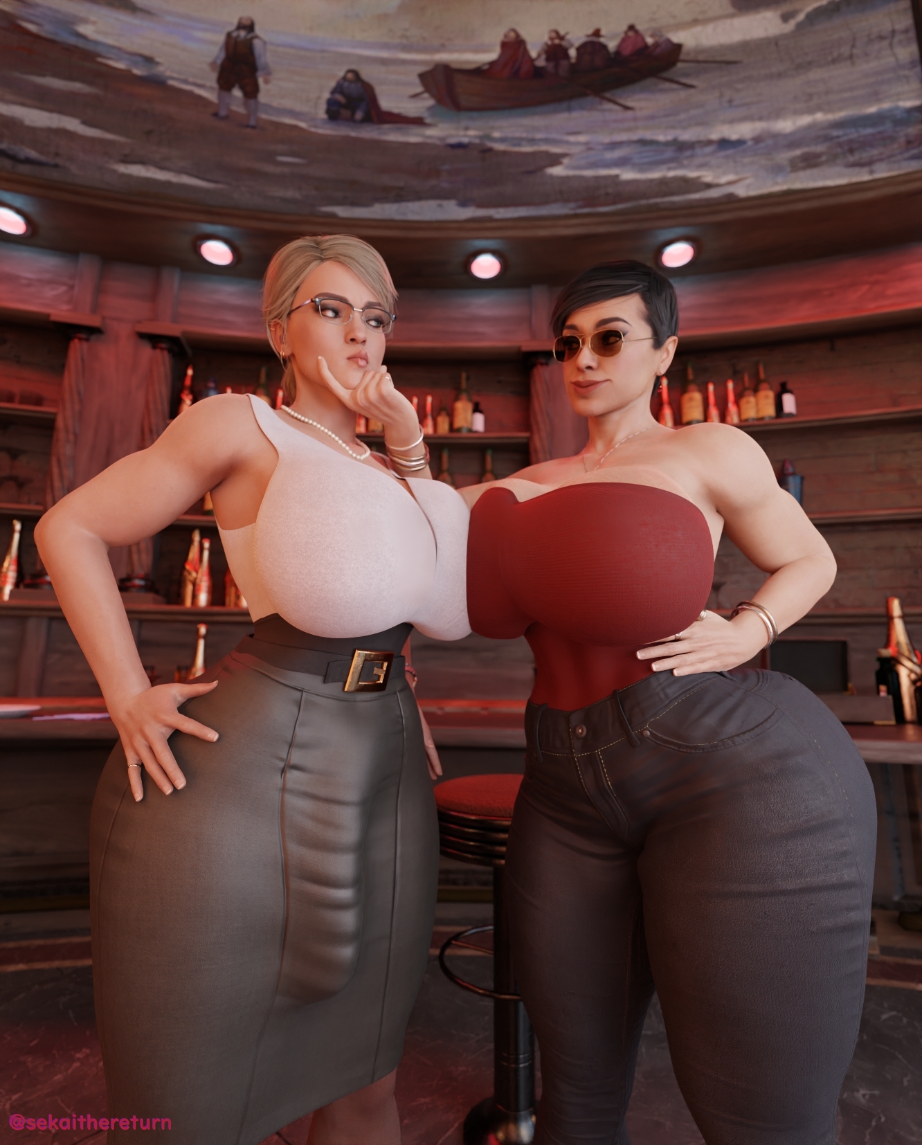 1futa, 1girls, 3d, 3d (artwork), artist name, batman (series), big breasts, big penis, black hair, blonde hair, breast to breast, breasts, busty, catwoman, clothed, dc, dc comics, dr. harleen quinzel, erection under skirt, female, fully clothed, futa with female, futanari, giant breasts, giant penis, glasses, harleen quinzel, harley quinn, hourglass figure, huge breasts, huge cock, injustice 2, intersex, penis, sekaithereturn, selina kyle, sunglasses, thick thighs, wide hips