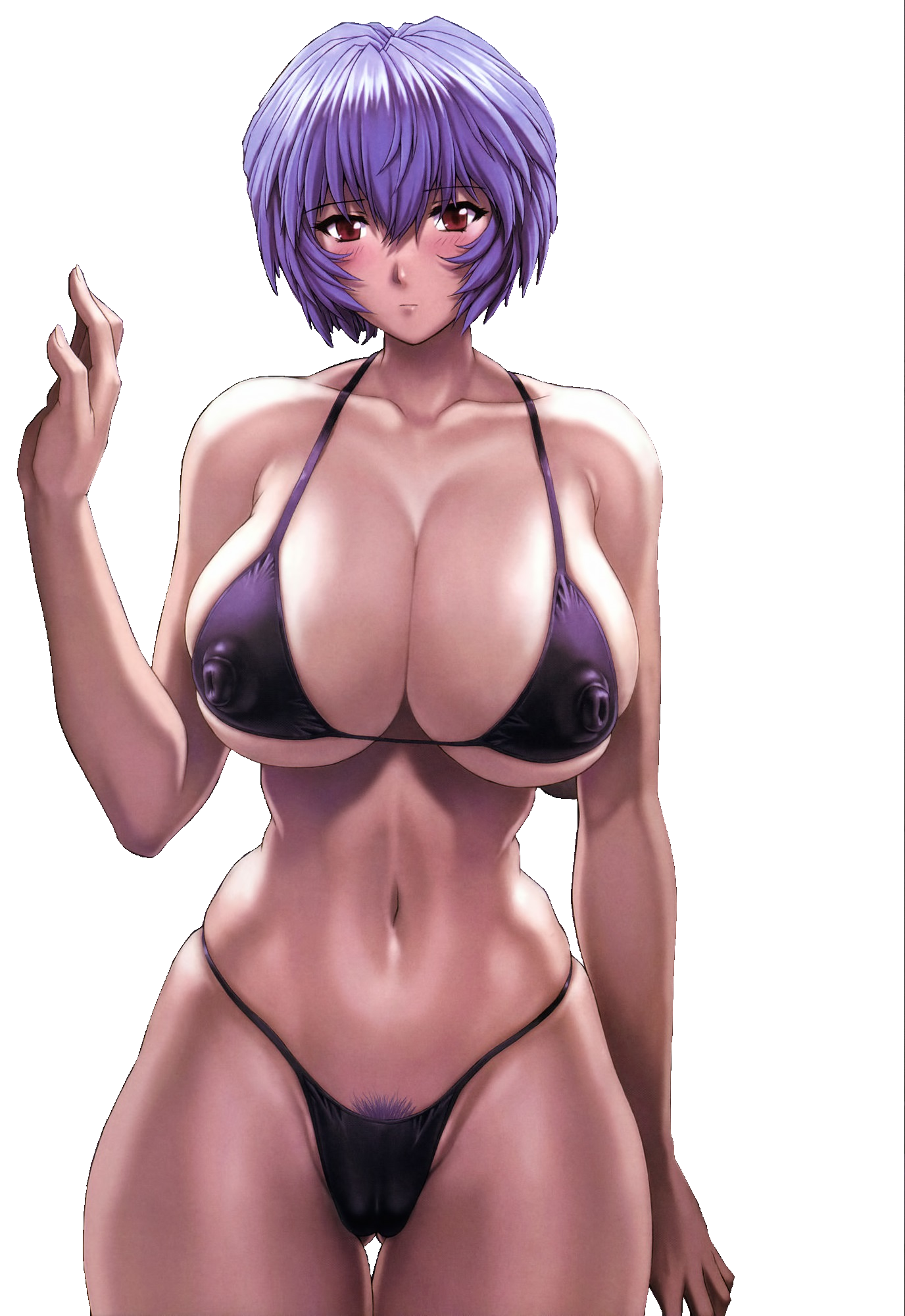 1girls, areola bulge, areolae, areolae visible through clothing, big breasts, bikini, blue hair, blue pubic hair, blush, breasts, brown eyes, cameltoe, covered erect nipples, covered pussy, enormous breasts, erect nipples, erect nipples under bikini, erect nipples under clothes, erect nipples under swimsuit, female, highres, hips, large breasts, looking at viewer, massive breasts, mogudan, neon genesis evangelion, nipple bulge, nipples, pubic hair, puffy areola, puffy nipples, pussy, rei ayanami, shiny skin, skindentation, solo, swimsuit, thick thighs, thighs, transparent background, voluptuous, wide hips