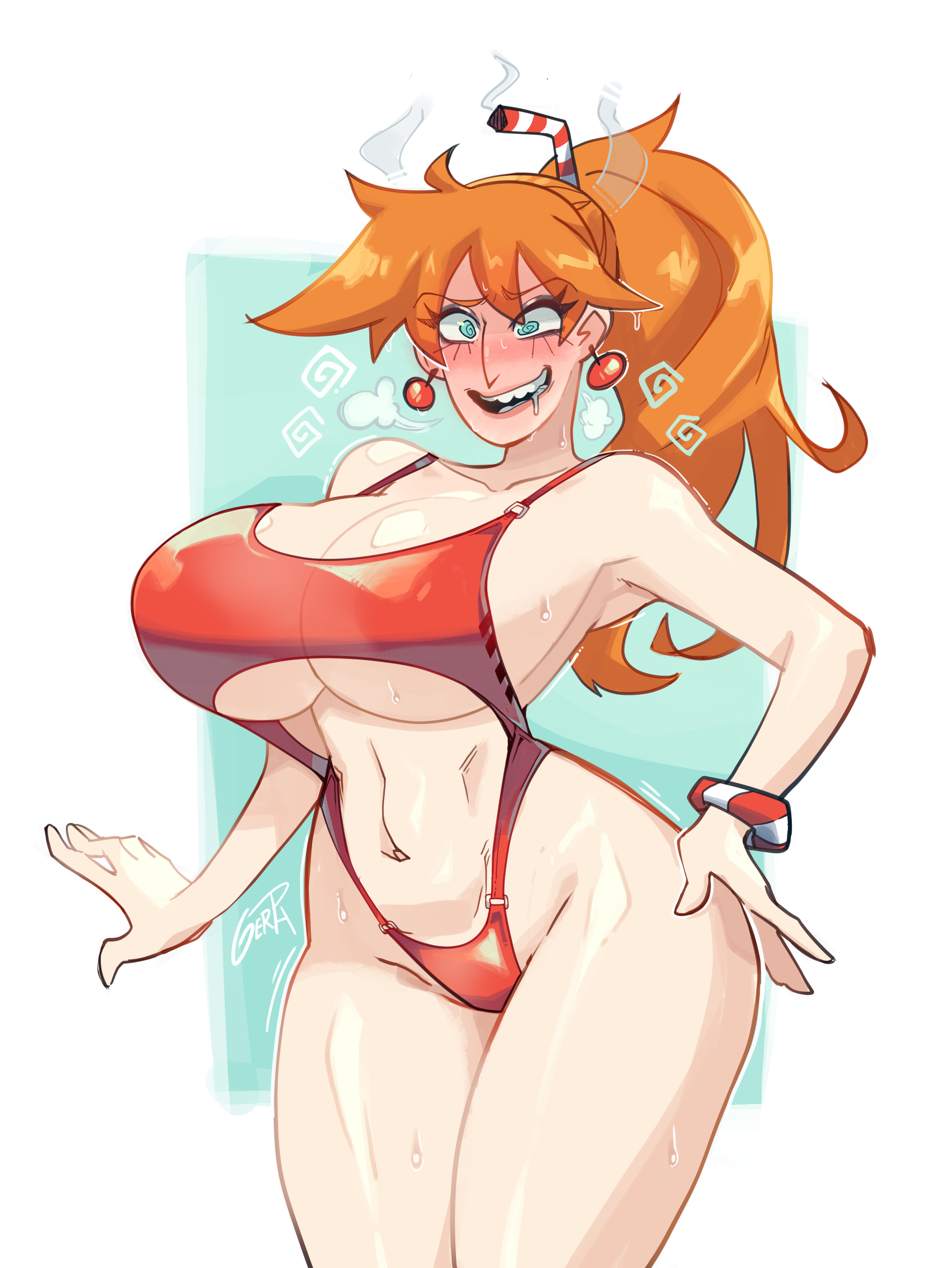 1girls, armpits, breasts, cleavage, cowboy shot, curvy, drooling, female, flustered, gerph, huge breasts, long hair, millie (gerph), one-piece swimsuit, orange hair, ponytail, solo, standing, sweat, underboob