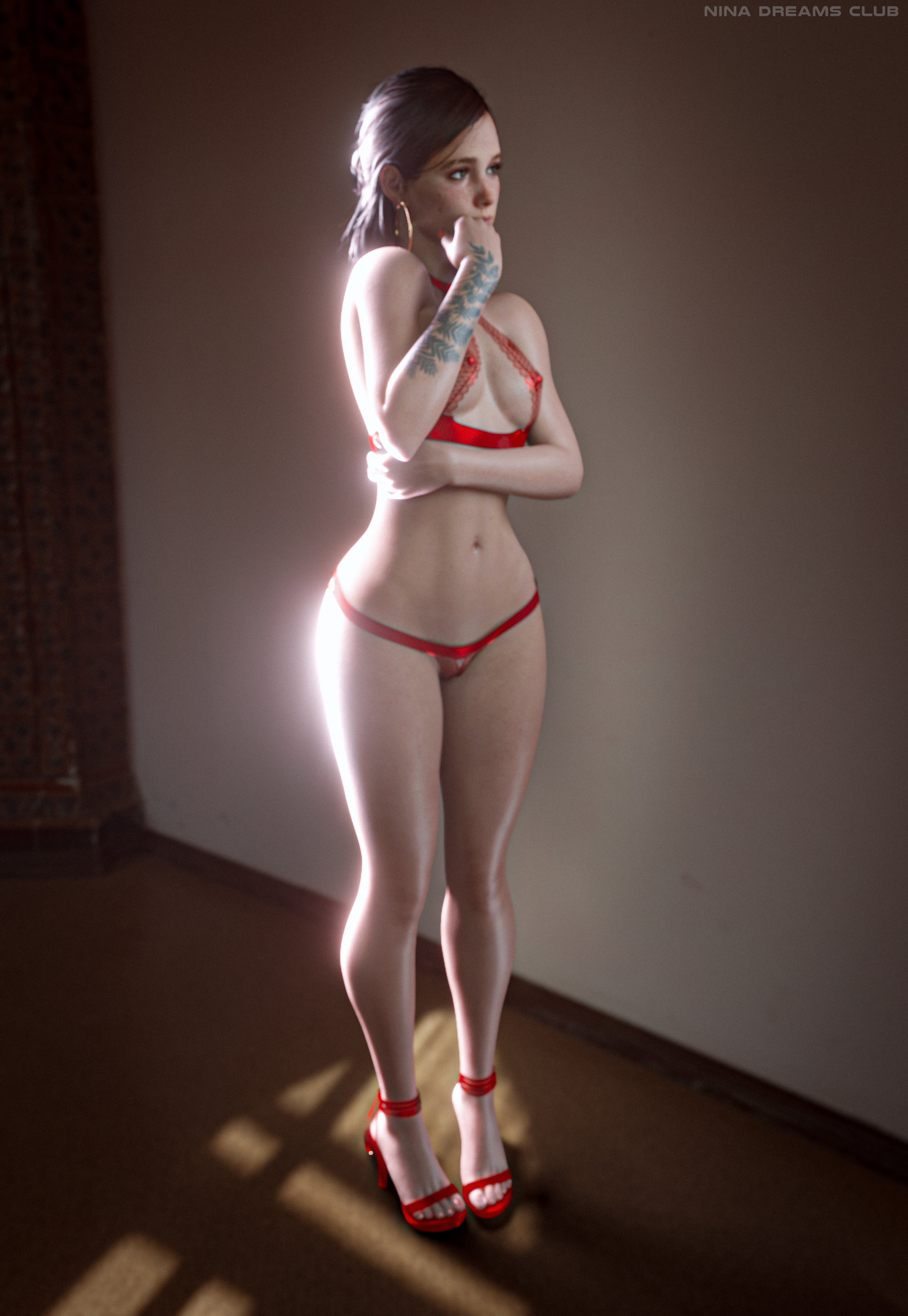 3d, athletic, athletic female, breasts, busty, ellie (the last of us), ellie williams, female, female focus, female only, high heels, hourglass figure, nina3dx, panties, pinup, pinup pose, red nail polish, tagme, tattoo, the last of us, the last of us 2, thong, wide hips