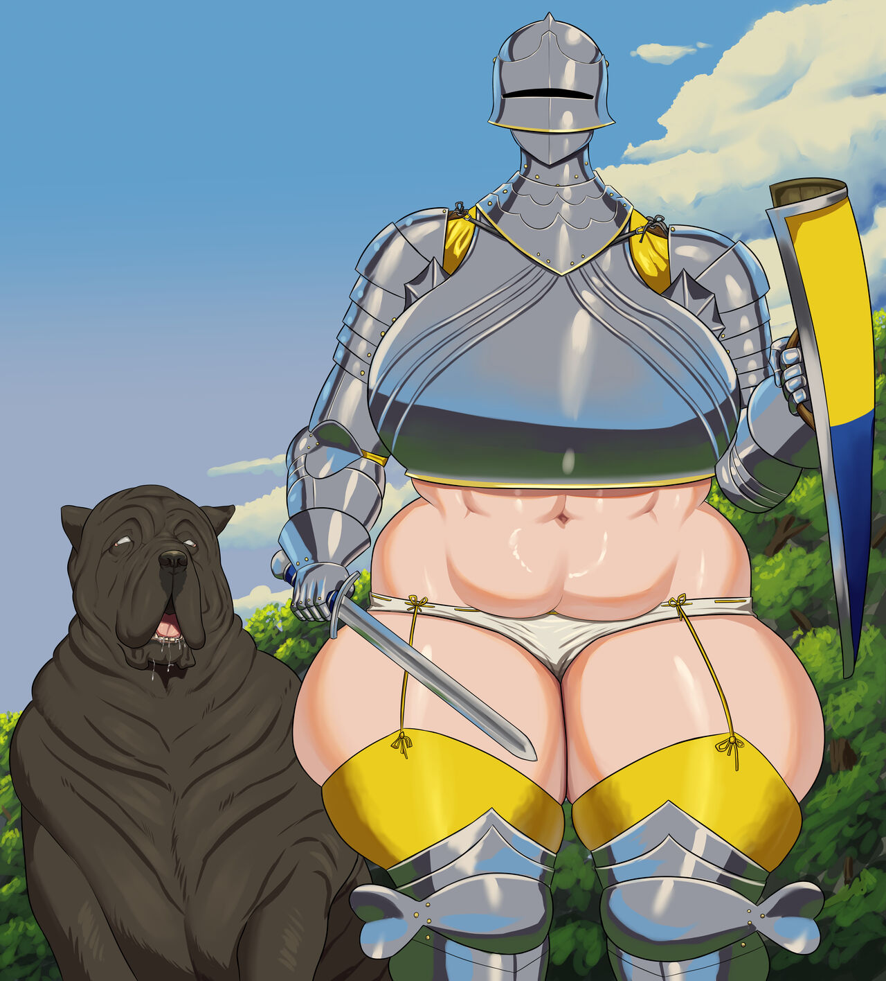 abs, armor, big breasts, breasts, dog, female, goldcrustedchicken, helmet, medieval armour, sallet, thick thighs