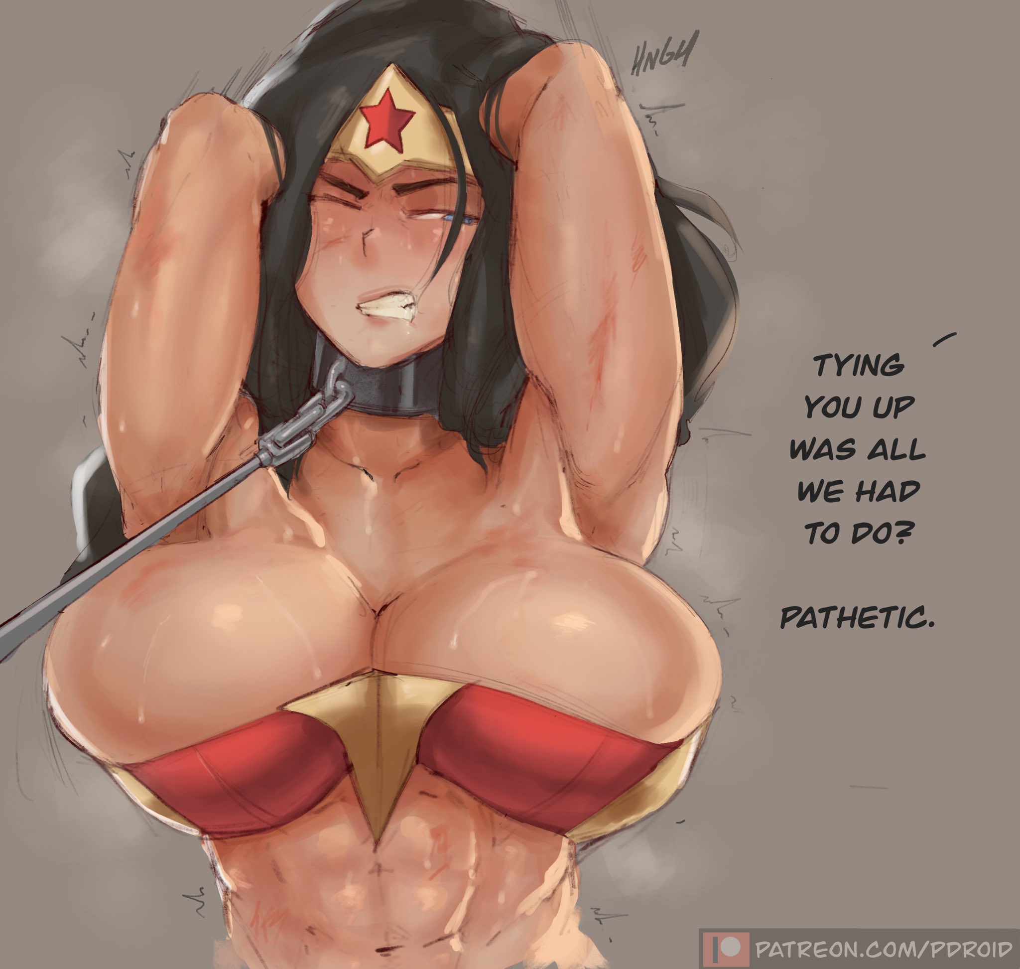 1girls, abs, amazon, armpits, arms behind back, arms behind head, arms up, barely contained, barely contained breasts, big breasts, black hair, blue eyes, bondage, breasts, bursting breasts, busty, cleavage, clenched teeth, clothed, clothing, collar, dc, dc comics, english text, enslaved royal, female, female only, femsub, fit, fit female, grey background, huge breasts, large breasts, male, maledom, muscular, muscular female, muscular sub, one eye closed, overflowing breasts, paranoiddroid, restrained, royalty, simple background, solo, solo female, superheroine, sweat, text, wonder woman, wonder woman (series)