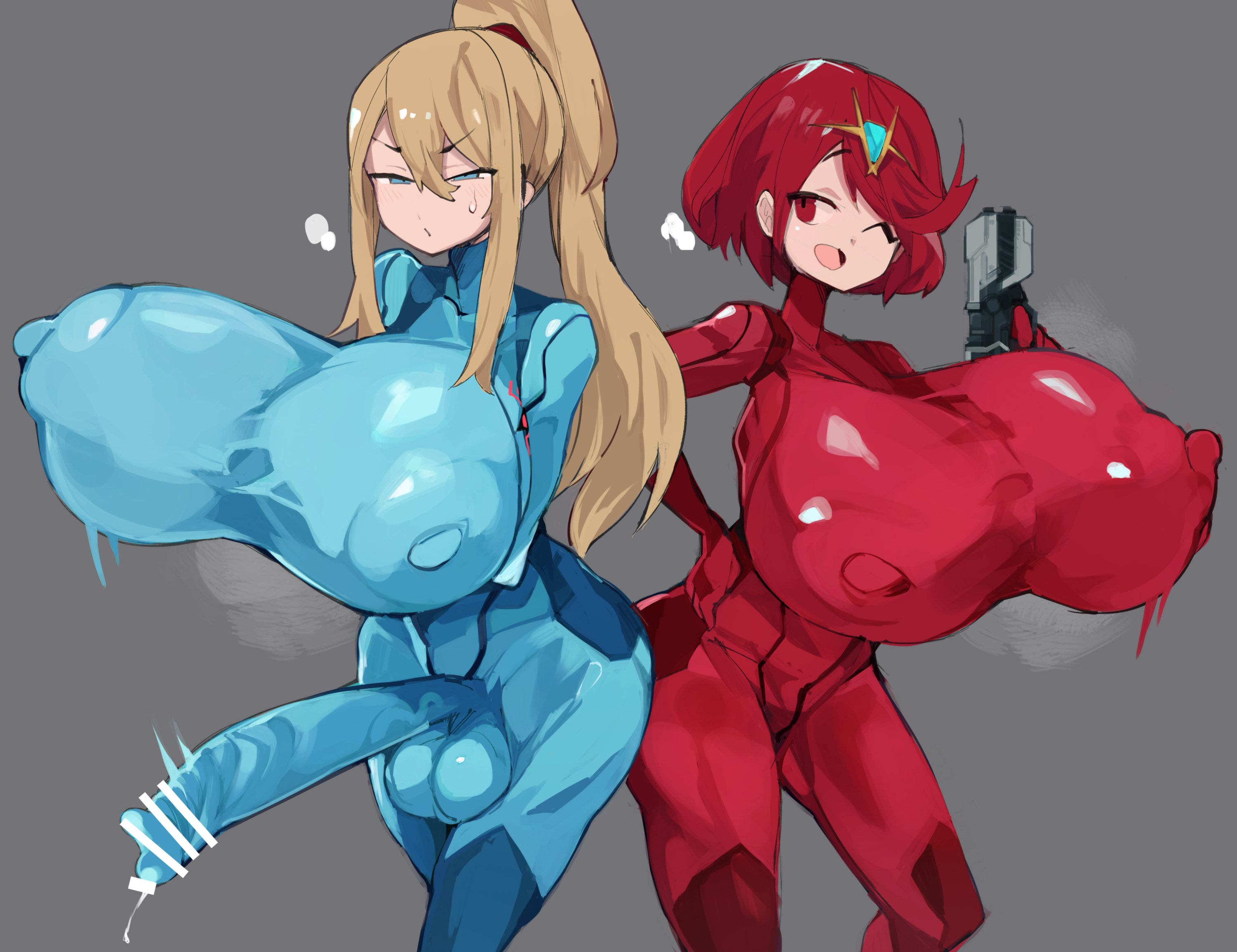 1futa, 1girls, alternate costume, ass, balls, bar censor, big ass, black gloves, blonde hair, blue eyes, bodysuit, breasts, censored, clothed, clothing, crossover, duo, erection, erection under clothes, female, fully clothed, futanari, gigantic breasts, gloves, gun, huge breasts, huge cock, huge nipples, human, intersex, kemomoz, large penis, latex, latex bodysuit, latex breasts, latex futa, latex gloves, latex nipples, latex stockings, latex suit, latex thigh highs, latex thighhighs, light skin, light-skinned futa, metroid, nintendo, nipple bulge, one eye closed, penis, ponytail, puffy nipples, pyra, red eyes, red hair, samus aran, samus aran (cosplay), short hair, standing, super smash bros., sweat, testicles, tiara, tight clothing, top heavy, wide hips, wink, xenoblade (series), xenoblade chronicles 2, zero suit, zero suit samus, zero suit samus (cosplay)