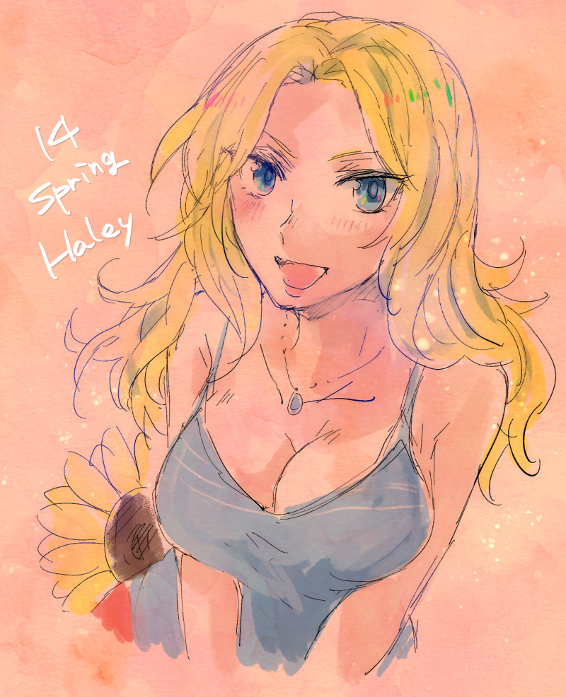 :d, 1girls, big breasts, blonde, blonde hair, blue dress, blue eyes, blush, blushing at viewer, breasts, female, haley (stardew valley), long hair, open mouth, stardew valley, uneru