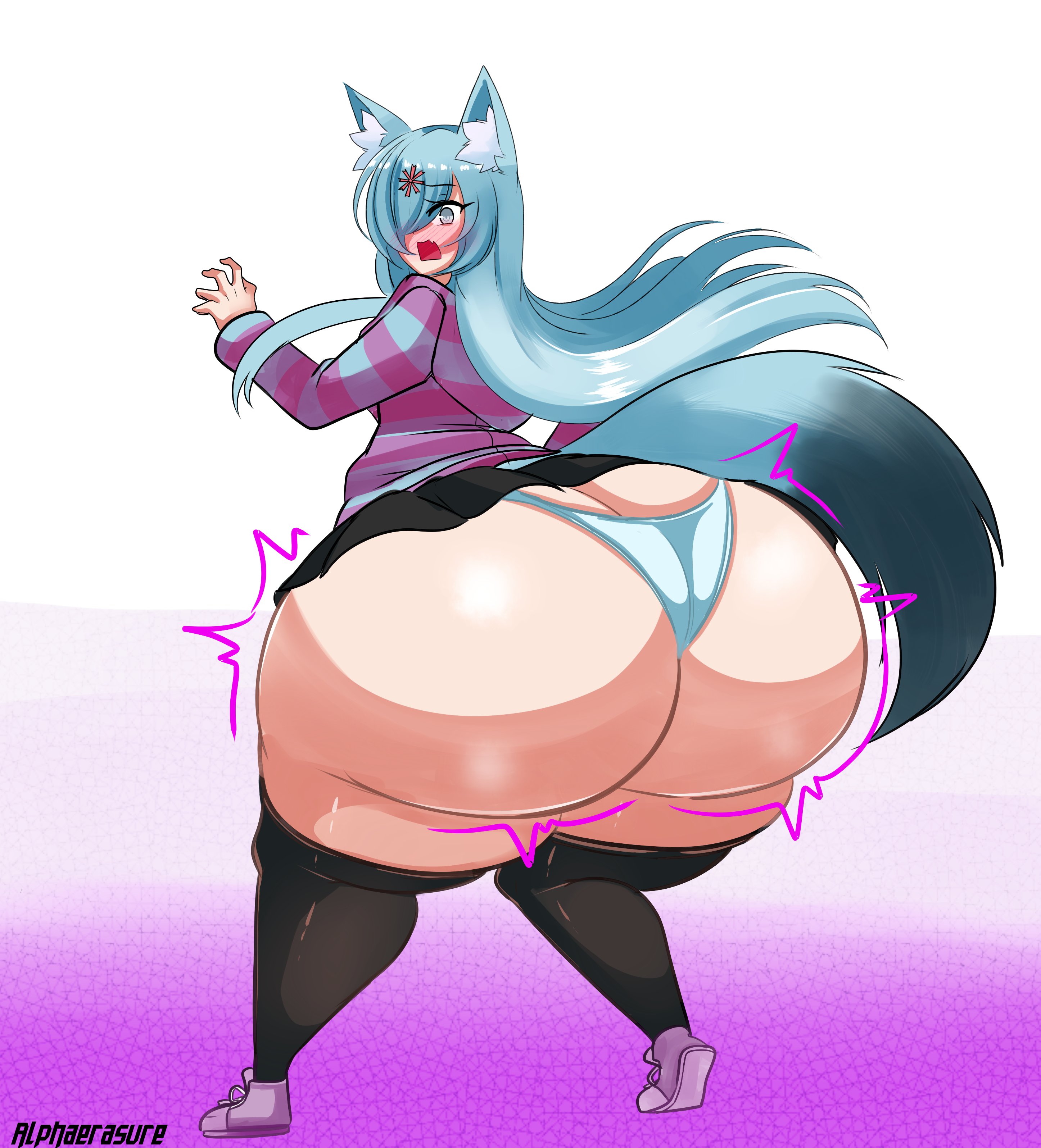 1girls, 2022, alphaerasure, animal ears, ass, ass expansion, ass hanging out, ass hanging out of skirt, big ass, blue hair, bottom heavy, bubble ass, bubble butt, expansion, female, female focus, fox ears, gigantic ass, hair over one eye, hips, huge ass, huge thighs, hyper, hyper ass, long hair, looking back, panties, shocked, skirt, solo, solo female, solo focus, thick thighs, thighs, underwear, wide hips