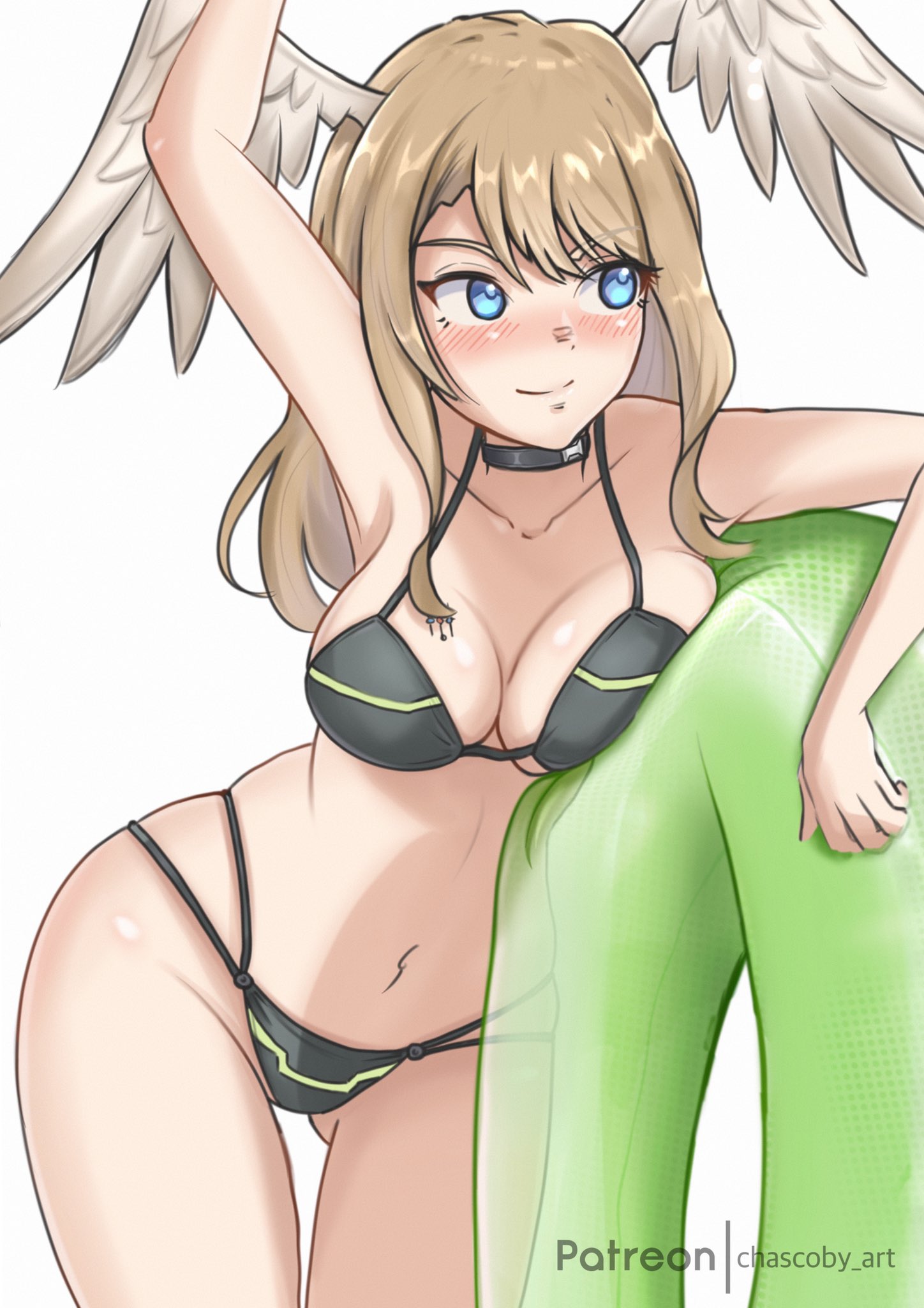 1girls, alluring, arm up, big breasts, bikini, black bikini, black choker, blue eyes, breast tattoo, breasts squeezed together, chascoby, choker, cleavage, eunie (xenoblade), eyebrows hidden by hair, head wings, high res, innertube, long hair, monolith soft, navel, nintendo, swim ring, swimsuit, tattoo, white wings, wings, xenoblade (series), xenoblade chronicles 3