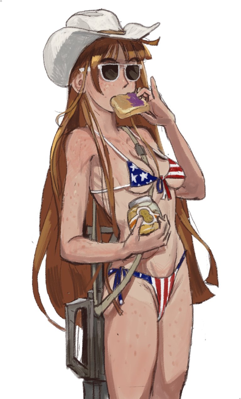 1girls american_flag american_flag_bikini bikini breasts cowboy_hat dark_glasses eating eating_food female freckles freckles_on_arms freckles_on_face freckles_on_shoulders freckles_on_thighs girl glasses gun long_hair mossa national_personification original original_artwork original_character peanut_butter redhead rifle sandwich sandwich_(food) side_view sideboob simple_background standing sunglasses tanline tanlines tinted_eyewear white_background white_cowboy_hat white_hat white_sunglasses