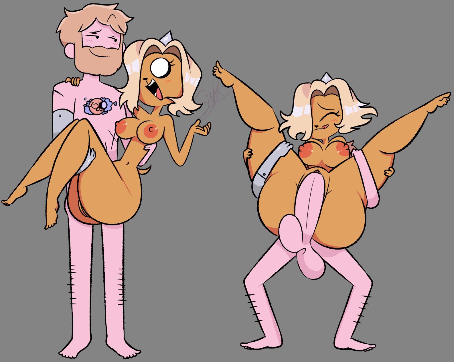1boy, 1girls, adventure time, aged up, ass, balls, beard, big ass, big penis, blonde hair, breasts, bronwyn, cartoon network, female, female penetrated, finn the human, hair over one eye, horn, human, interspecies, legs held open, light skin, light-skinned male, male, male penetrating, male penetrating female, male/female, nude, nude female, nude male, penis, pixelzsinful, reverse stand and carry position, reverse suspended congress, spread legs, tattoo, tattoo on chest, yellow fur