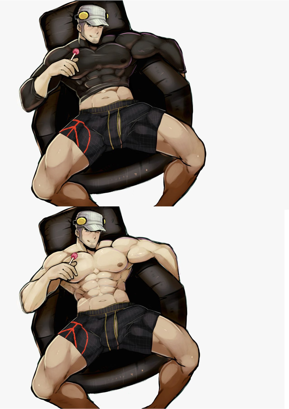 1boy, abs, big pecs, boxers, bulge, bulge through clothing, iwai munehisa, lollipop, looking at viewer, male, male focus, male only, manspreading, muscular, muscular male, muscular thighs, penis, penis outline, persona 5, robokeh, sitting, sitting on chair, tight clothing, yaoi
