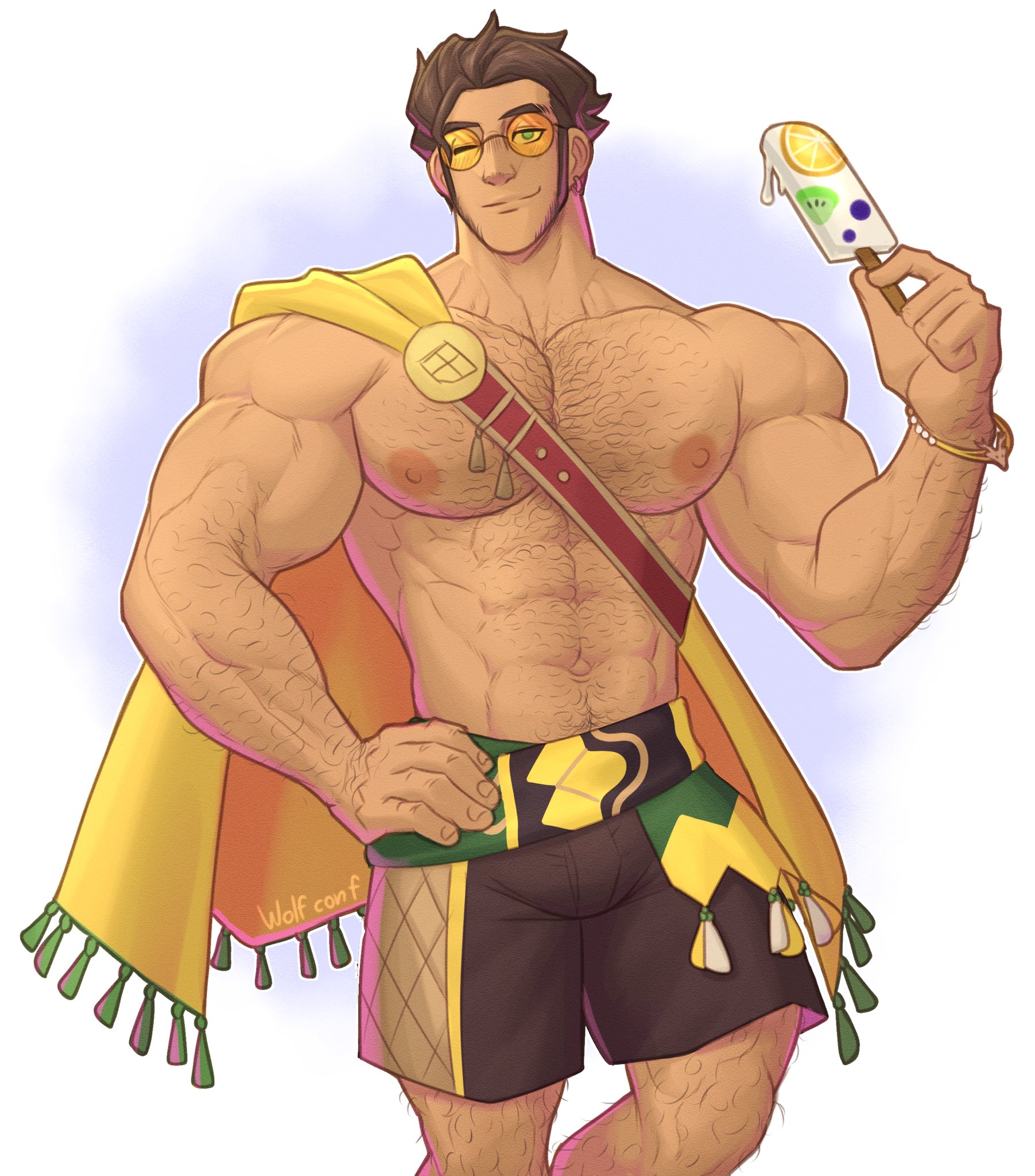 1boy, abs, alternate costume, artist name, bara, belt, biceps, bracelet, brown hair, bulge, cape, claude von riegan, claude von riegan (summer), facial hair, fire emblem, fire emblem heroes, fire emblem: three houses, flaccid, food, green eyes, hairy, hand on hip, highres, ice cream, jewelry, large pectorals, looking at viewer, male, male focus, male only, masculine male, mature male, muscular, muscular male, navel, navel hair, nintendo, nipples, no shirt, official alternate costume, one eye closed, pectorals, penis, popsicle, short hair, shorts, signature, simple background, smirk, solo, stubble, sunglasses, thick arms, thick eyebrows, thick thighs, thighs, white background, wolf con f, yaoi