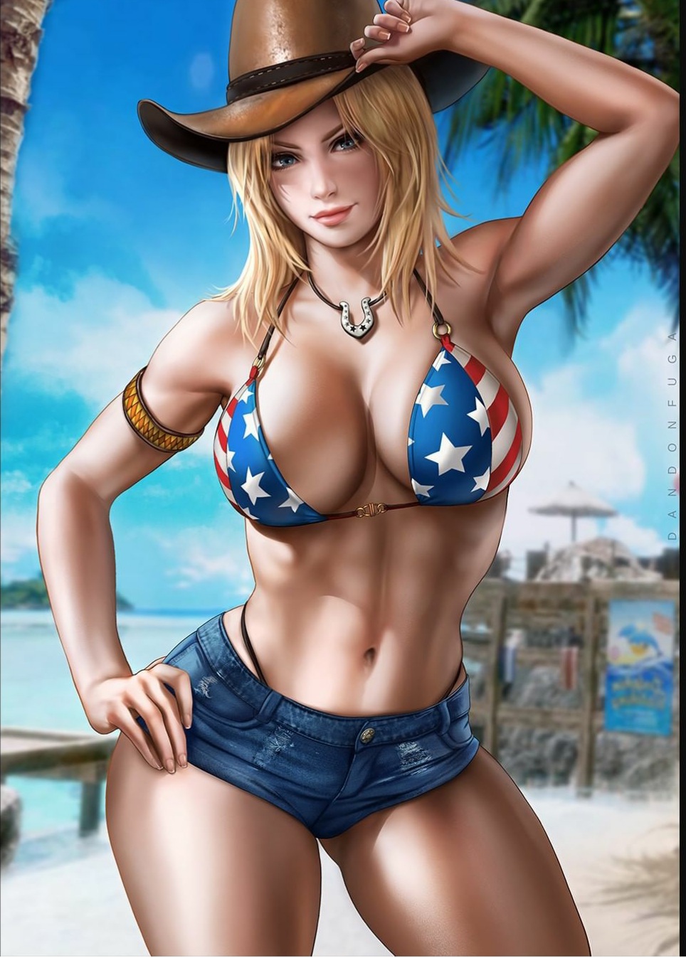 1girls, abs, american flag, american flag bikini, arm band, armlet, big breasts, bikini, breasts, cleavage, dandon fuga, dead or alive, female, female only, flag bikini, large breasts, muscles, muscular, muscular female, national personification, short shorts, shorts, solo, thunder thighs, tina armstrong, wide hips