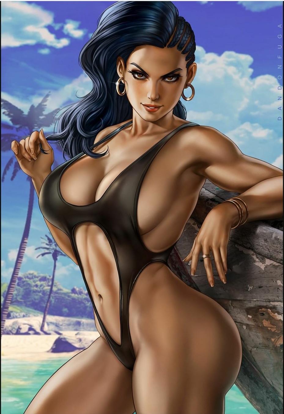 1girls, abs, ass, beach, big ass, big breasts, bikini, black hair, bracelet, bracelets, brazilian, brazilian female, breasts, brown eyes, capcom, dandon fuga, dark skin, dark-skinned female, earrings, female, female only, golden bracelet, golden earrings, hoop earrings, jewelry, large breasts, latina, laura matsuda, long hair, looking at viewer, navel, palm tree, ring, smile, solo, solo female, solo focus, standing, street fighter, street fighter v, swimsuit, thick thighs