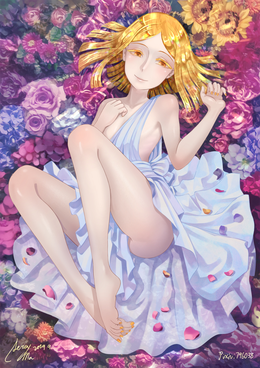 ambiguous_gender detailed_background dress flower flower_petals flowers happy hertro humanoid land_of_the_lustrous light_skin medium_hair petals smile thin_eyebrows white_dress yellow_diamond_(land_of_the_lustrous) yellow_eyebrows yellow_eyes yellow_fingernails yellow_hair yellow_toenails