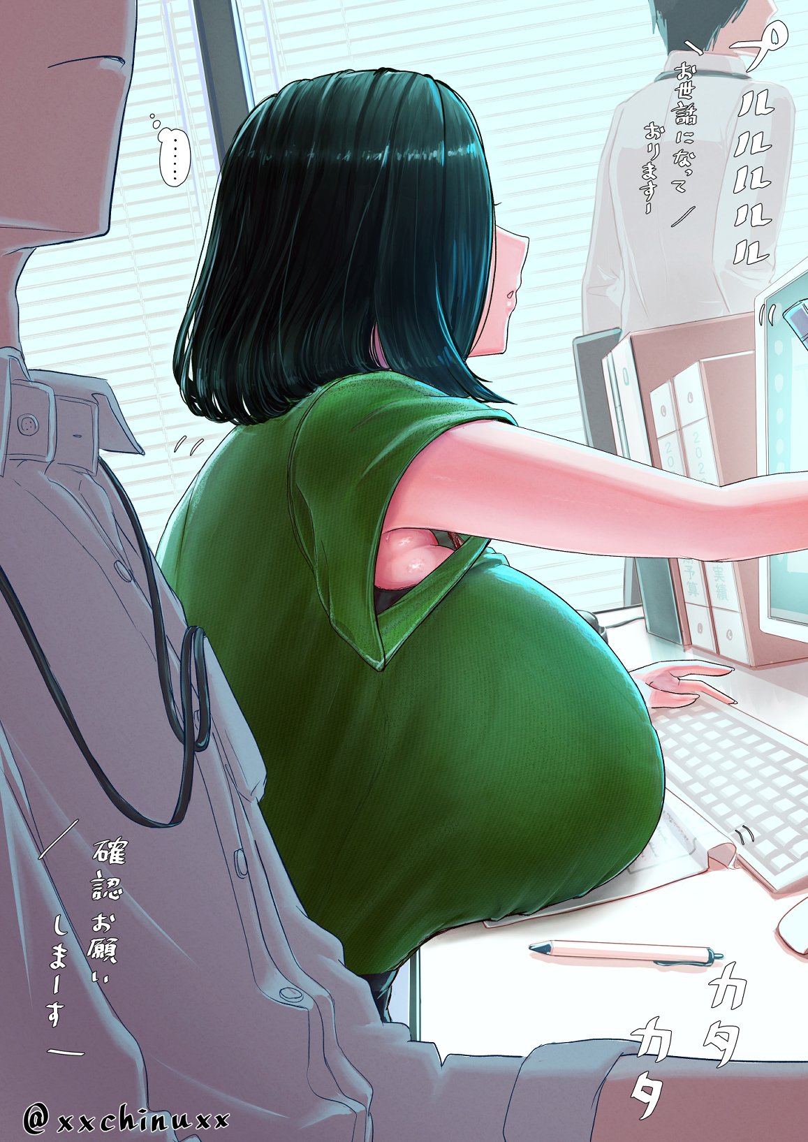 1boy 1girls armpit_fetish armpits artist_name artist_signature bakunyuu big_breasts bra bra_strap breast_rest breasts breasts_on_table chinushroya female from_side green_hair huge_breasts indoors japanese_text keyboard_(computer) medium_hair monitor office office_lady original original_character outstretched_arms overflowing_breasts shirt sitting solo strap_gap tagme underwear upper_body xxchinuxx