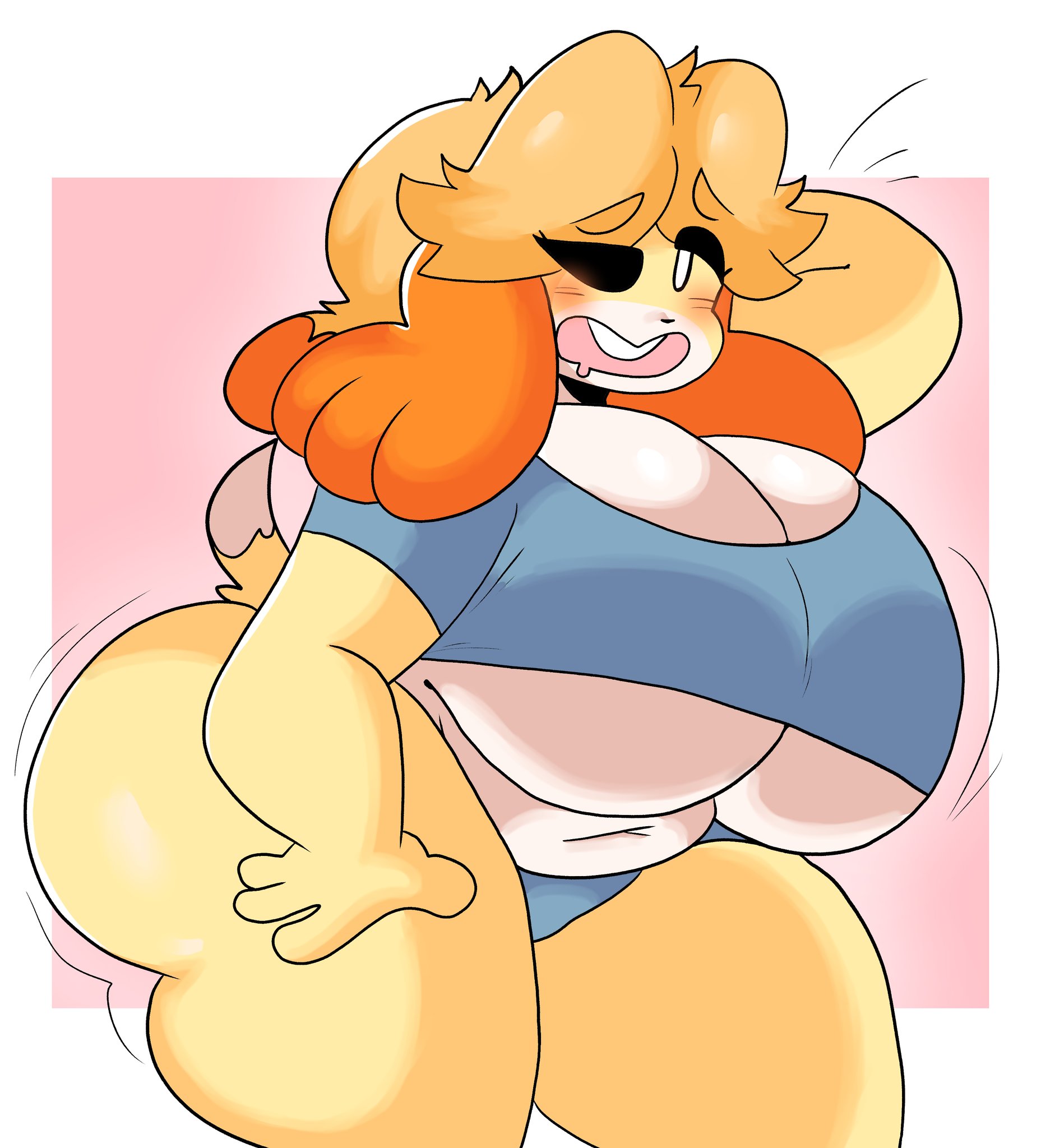 2022, animal crossing, ass, big ass, big breasts, breasts, chubby, chubby female, cleavage, dog girl, dork boi, female, furry, hand on head, hand on hip, huge breasts, isabelle (animal crossing), lewd dorky, nintendo, one eye closed, pose, posing, tagme, thick thighs, underboob, wide hips